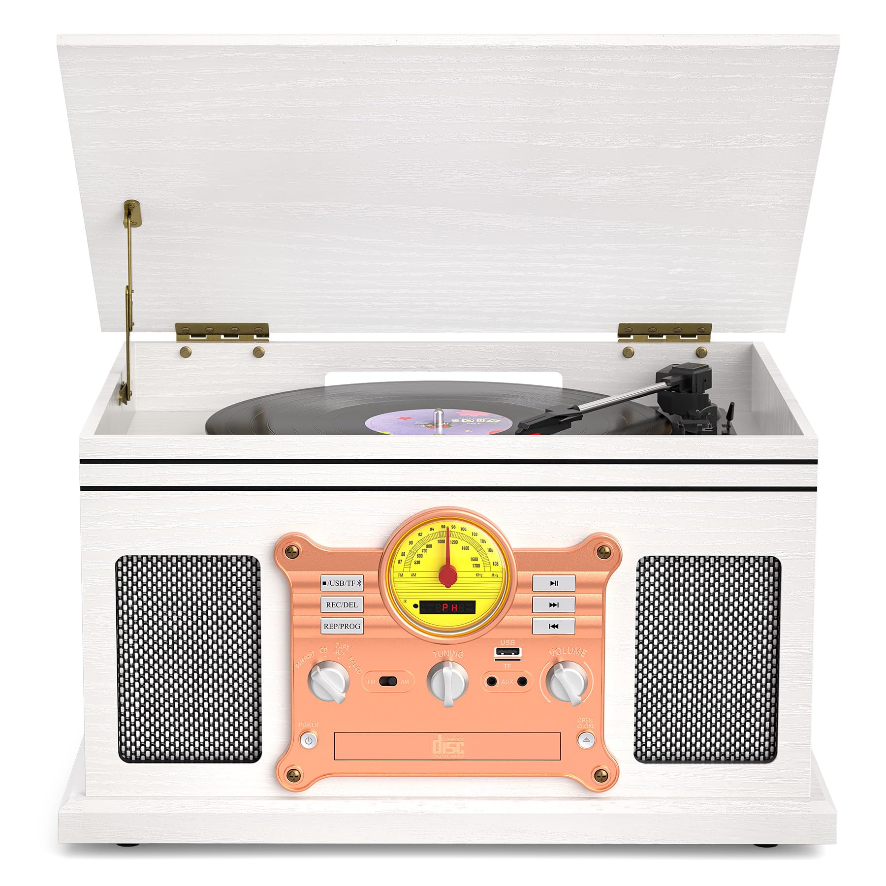 Vinyl Record Player and CD Player Cassette Combo, 10 in 1 Bluetooth Record Player with FM/AM Radio USB/TF Recording & AUX/RCA, V