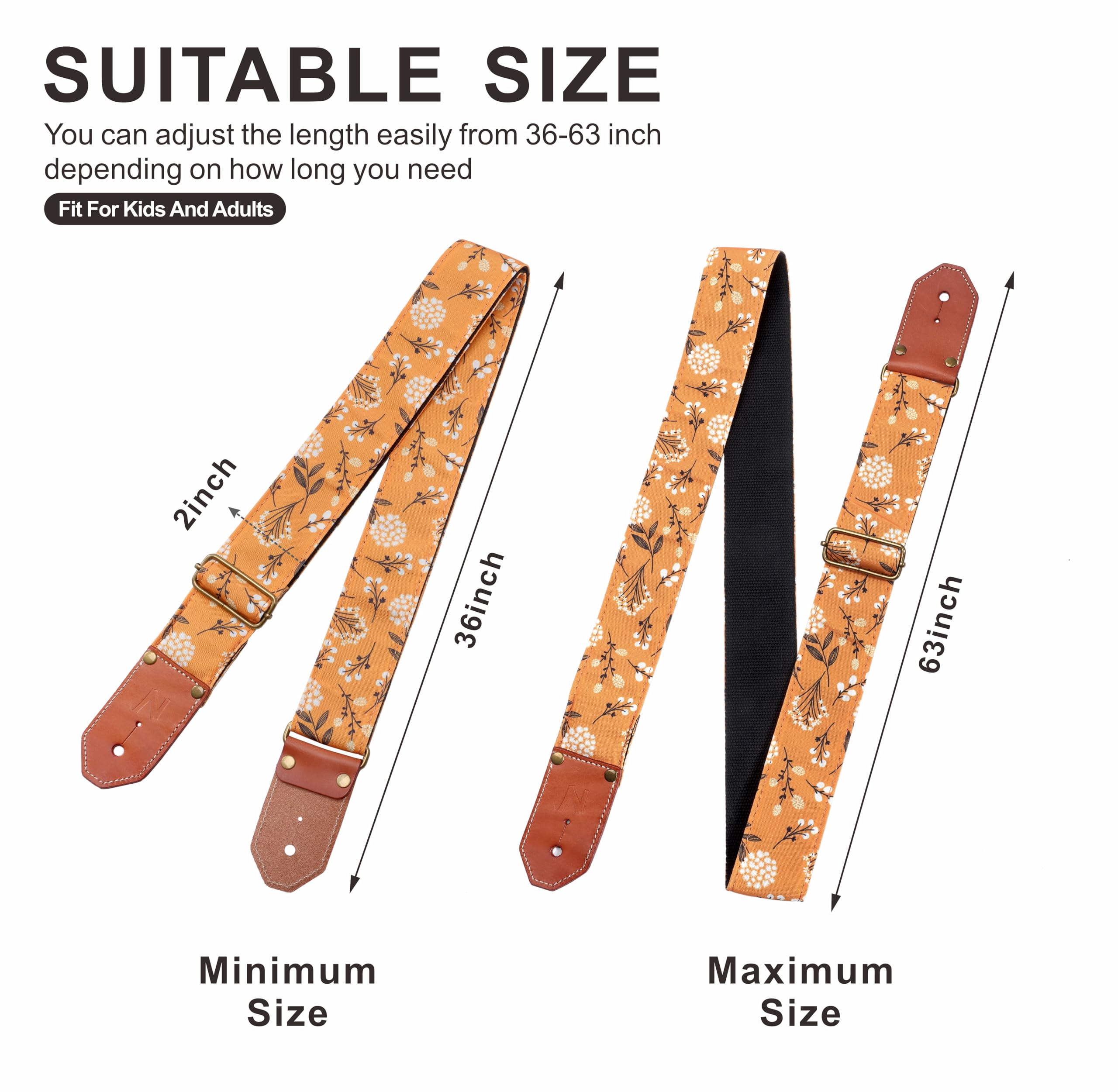 Nefelibata Guitar Strap Cotton With Thicked First Layer Vegetable Tanned Cowhide Leather Ends For Acoustic, Bass, Electric Guita