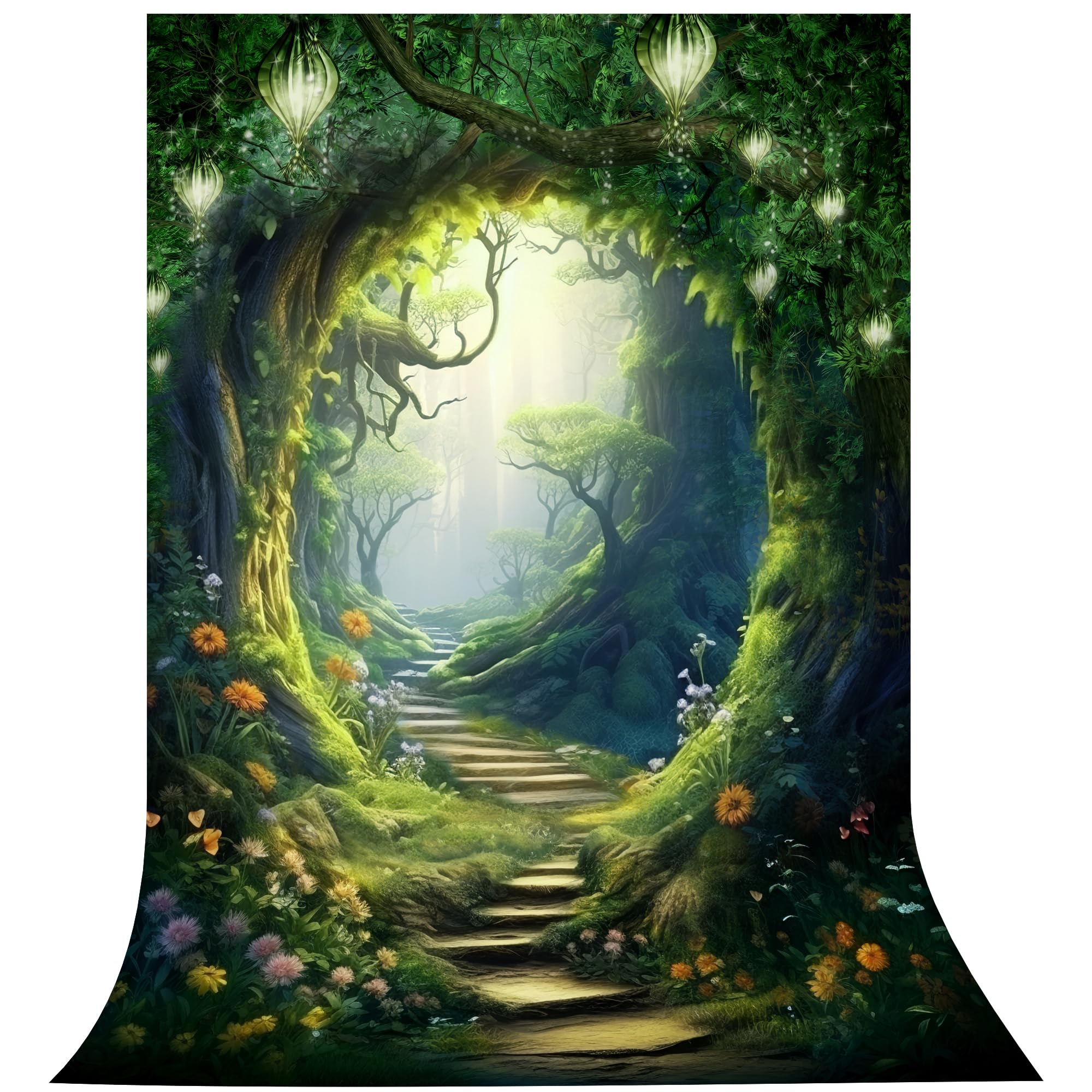 Omifly Enchanted Woodland 5W*7H Backdrop For Photography Fairy Tale Wonderland Greenery Garden Green Tree Spring Background Part