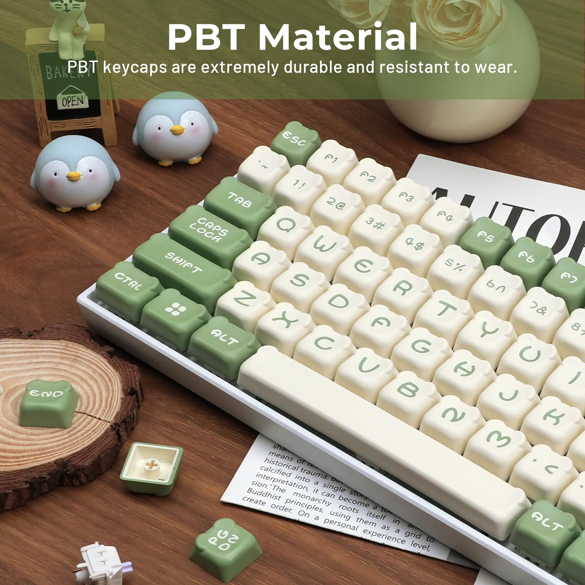 GMKWTL Cute Bear Keycaps Set - Matcha Green & Creamy, MDA Profile, Double Shot PBT for Cherry/Gateron MX Switches