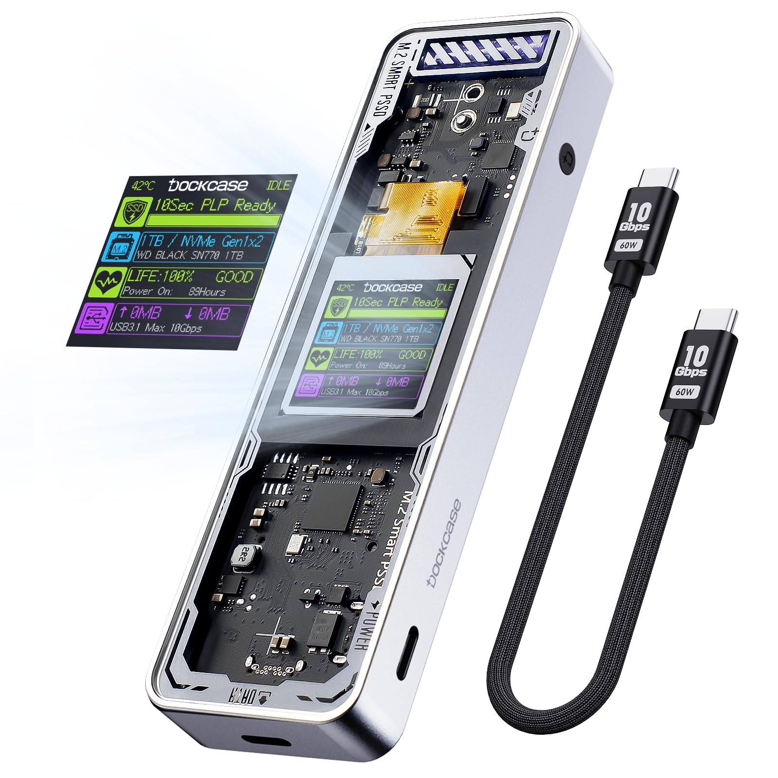 Dockcase Explorer Edition M.2 NVMe SSD Enclosure,Support 10s PLP Prevents Write Data Loss,USB 3.2 Gen 2 Type-C (10 Gbps), fits N