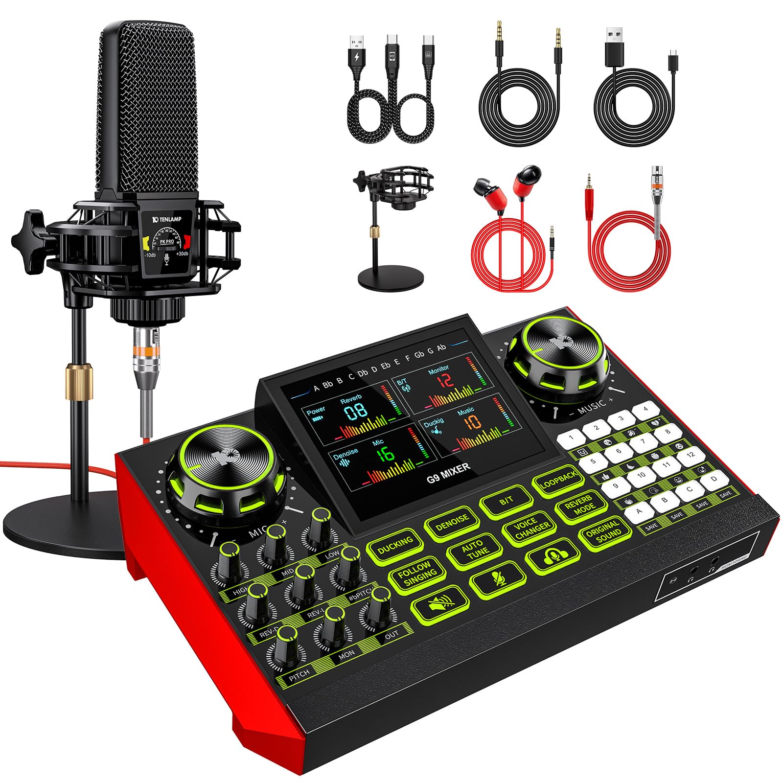 Podcast equipment bundle with live sound card audio mixer, podcast equipment with 3.5mm microphone, soundboard for phone, comput
