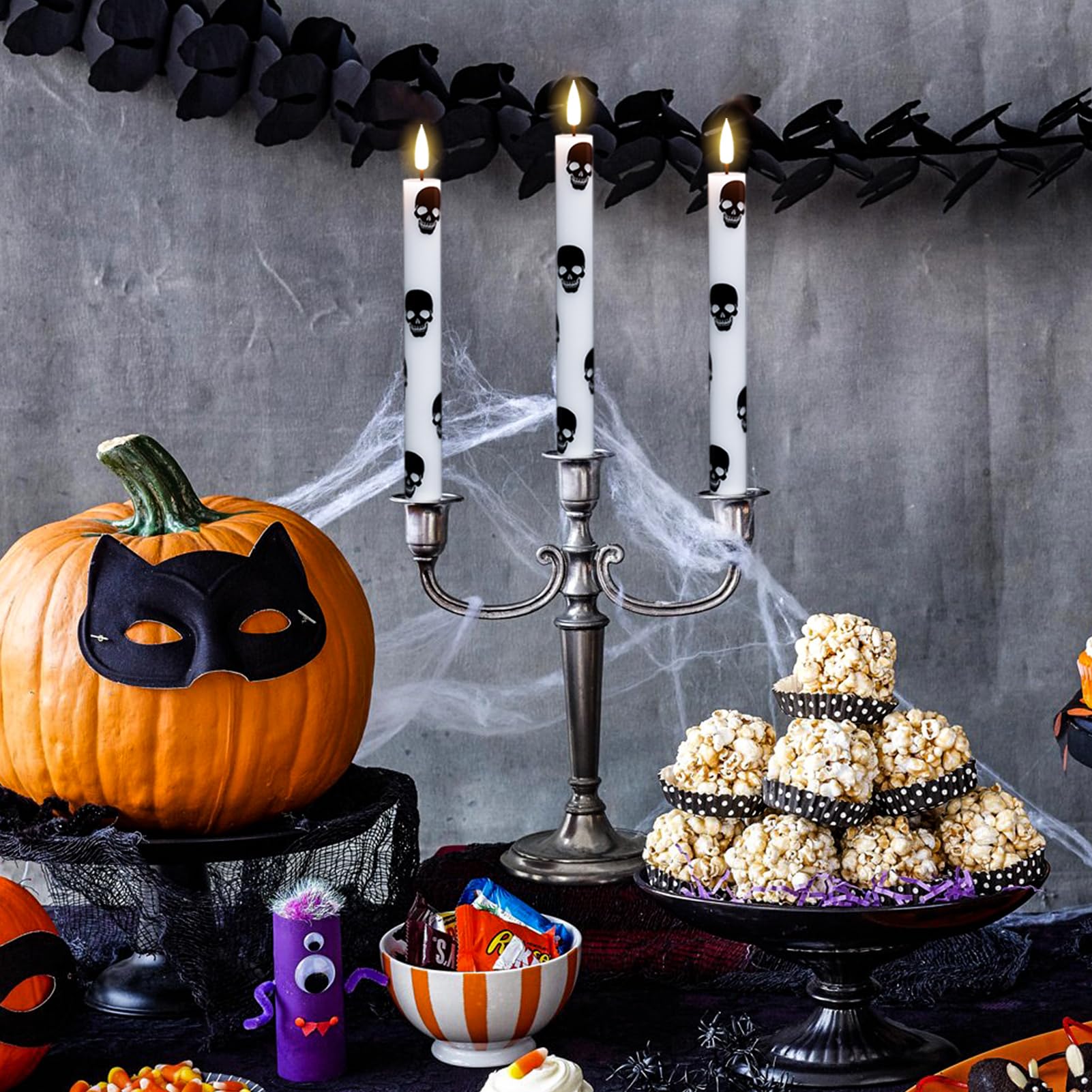 Genswin Halloween Flameless Taper Candles Remote Timer, 4 Pack Real Wax Led Taper Candles Battery Operated Flickering With Skull