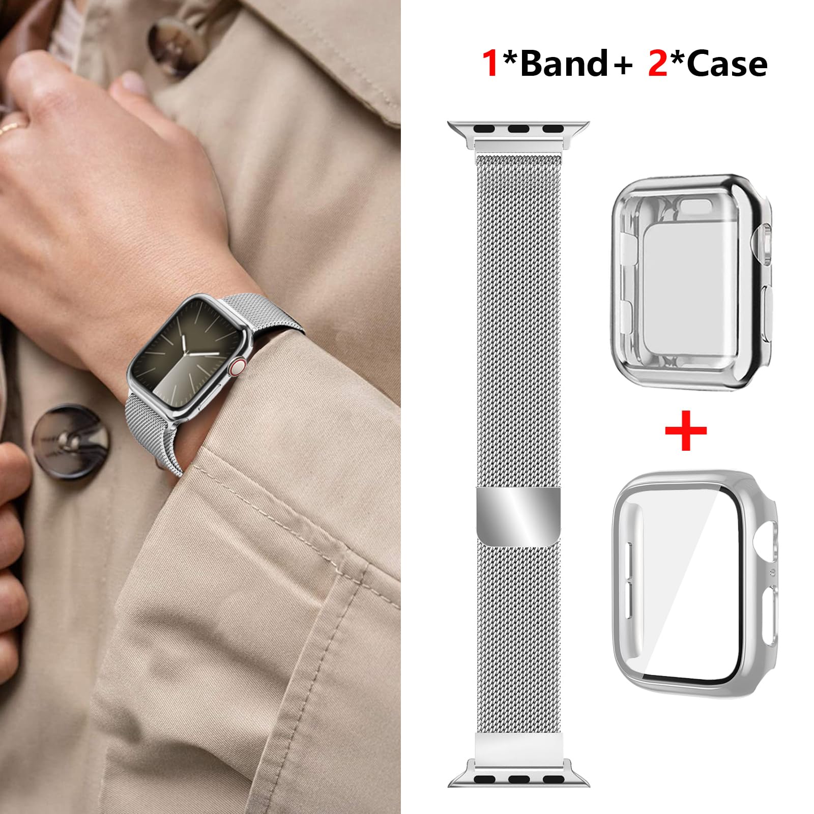 Magnetic Band And Case For Apple Watch Band 44Mm 45Mm 46Mm 42Mm 40Mm 41Mm 38Mm Women/Men,Stainless Steel Milanese Loop Bracelet