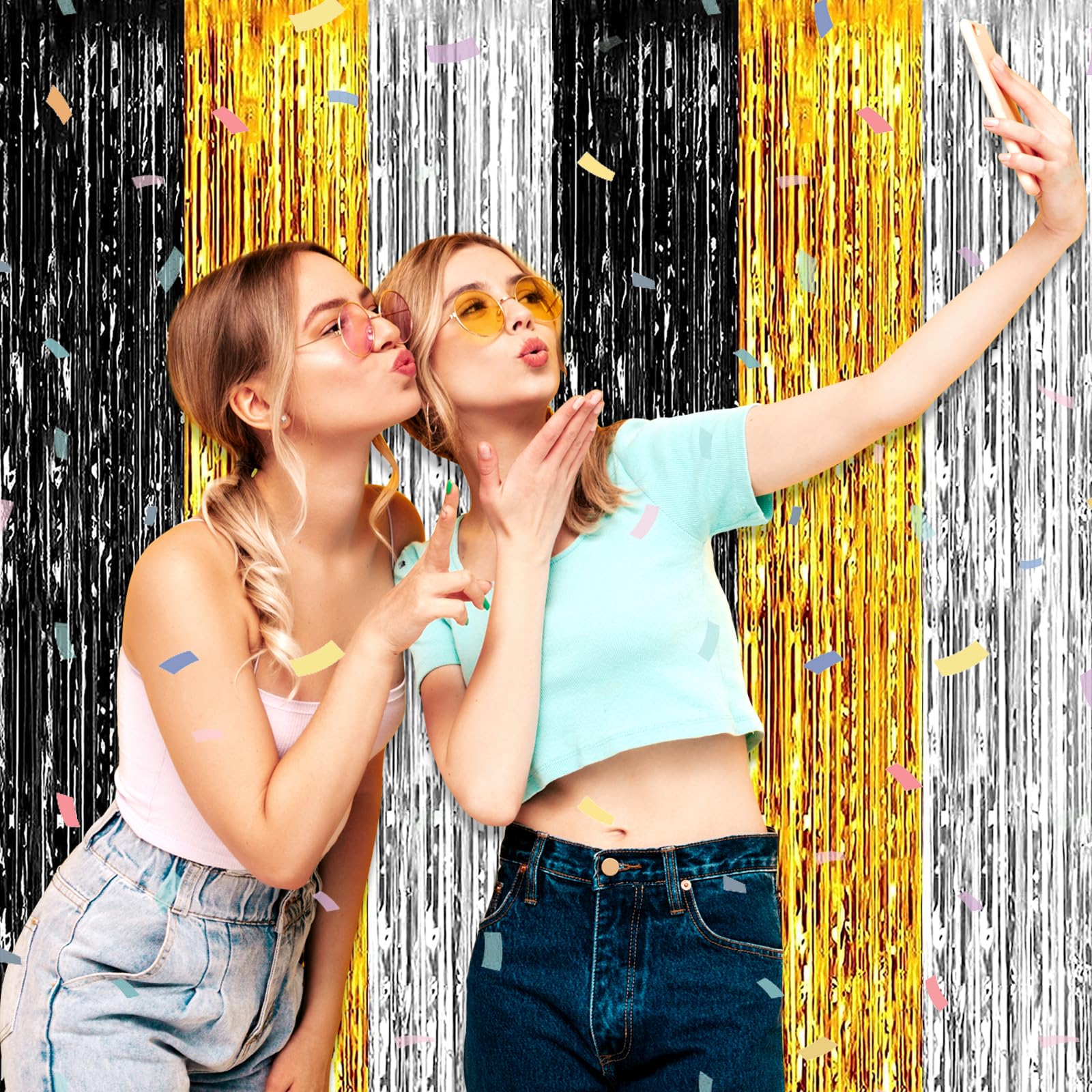 3 Pack Black Gold Silver Foil Fringe Curtain Backdrop, 3.28Ft X 8.2Ft Metallic Tinsel Foil Fringe Streamer Curtains For Photo Bo