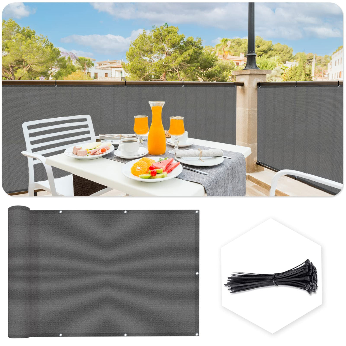 Sunlax 3X16 Dark Grey Balcony Privacy Screen Fence Windscreen Cover Fabric Shade Netting Mesh Cloth With Grommets Uv Protection 