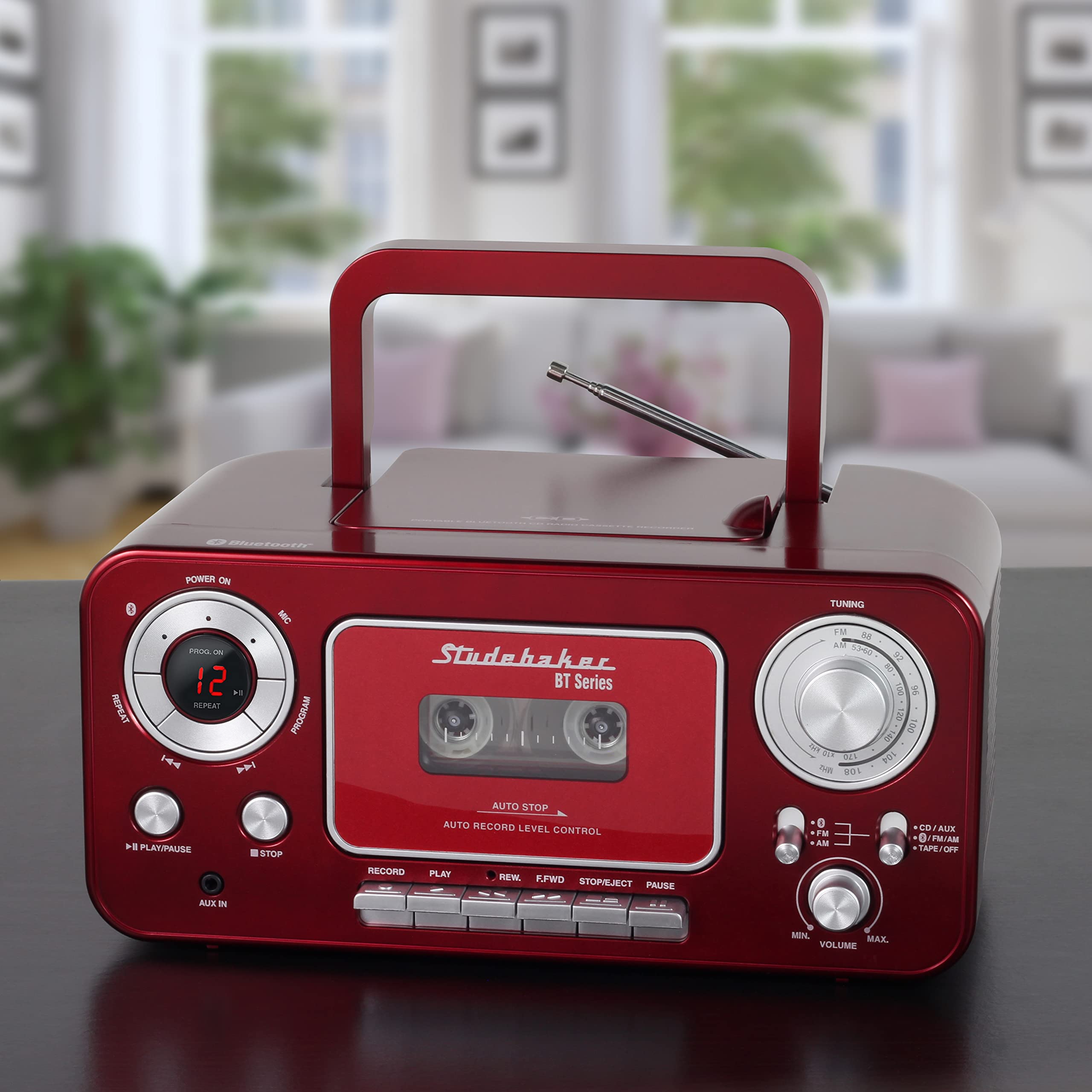Portable Stereo Cd Player With Bluetooth, Am/Fm Stereo Radio And Cassette Player/Recorder (Red & Silver)