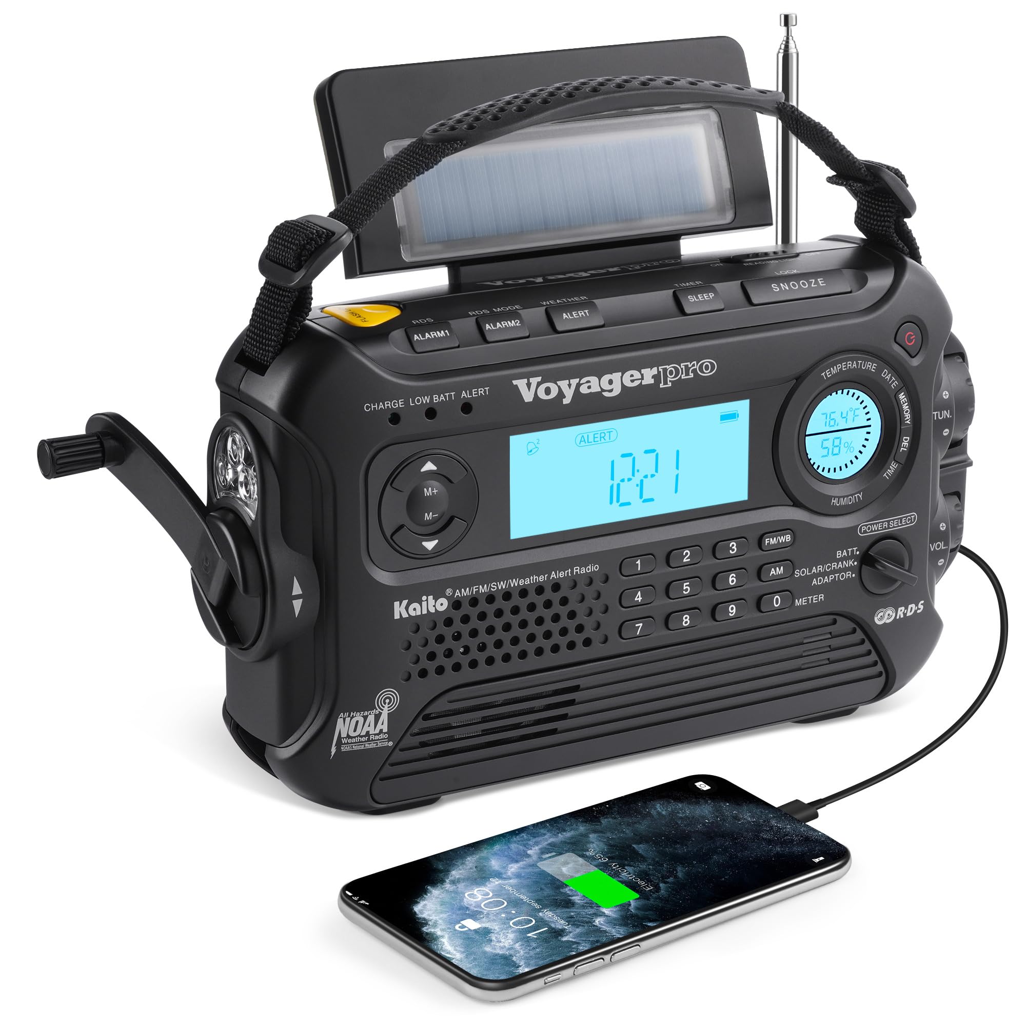 Kaito Voyager Pro KA600 Digital Solar Dynamo Hand Crank AM/FM/LW/SW & NOAA Weather Emergency Radio with Flashlight, Reading Lamp