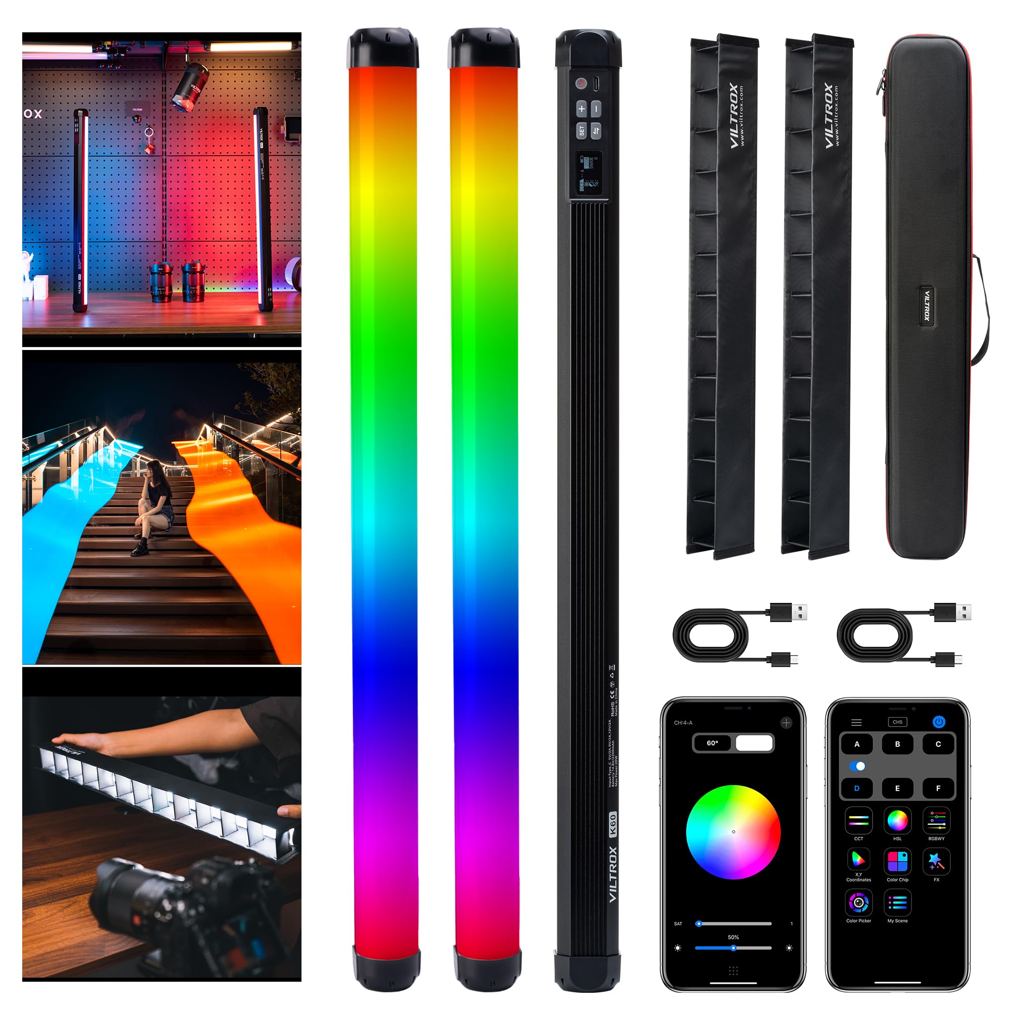 Viltrox K60 2 Pack Large Handheld Stick Light, 32Wh Rechargeable Battery 20W 1950Lm Rgb Led Video Light W Pd Fast Charging Cri 9