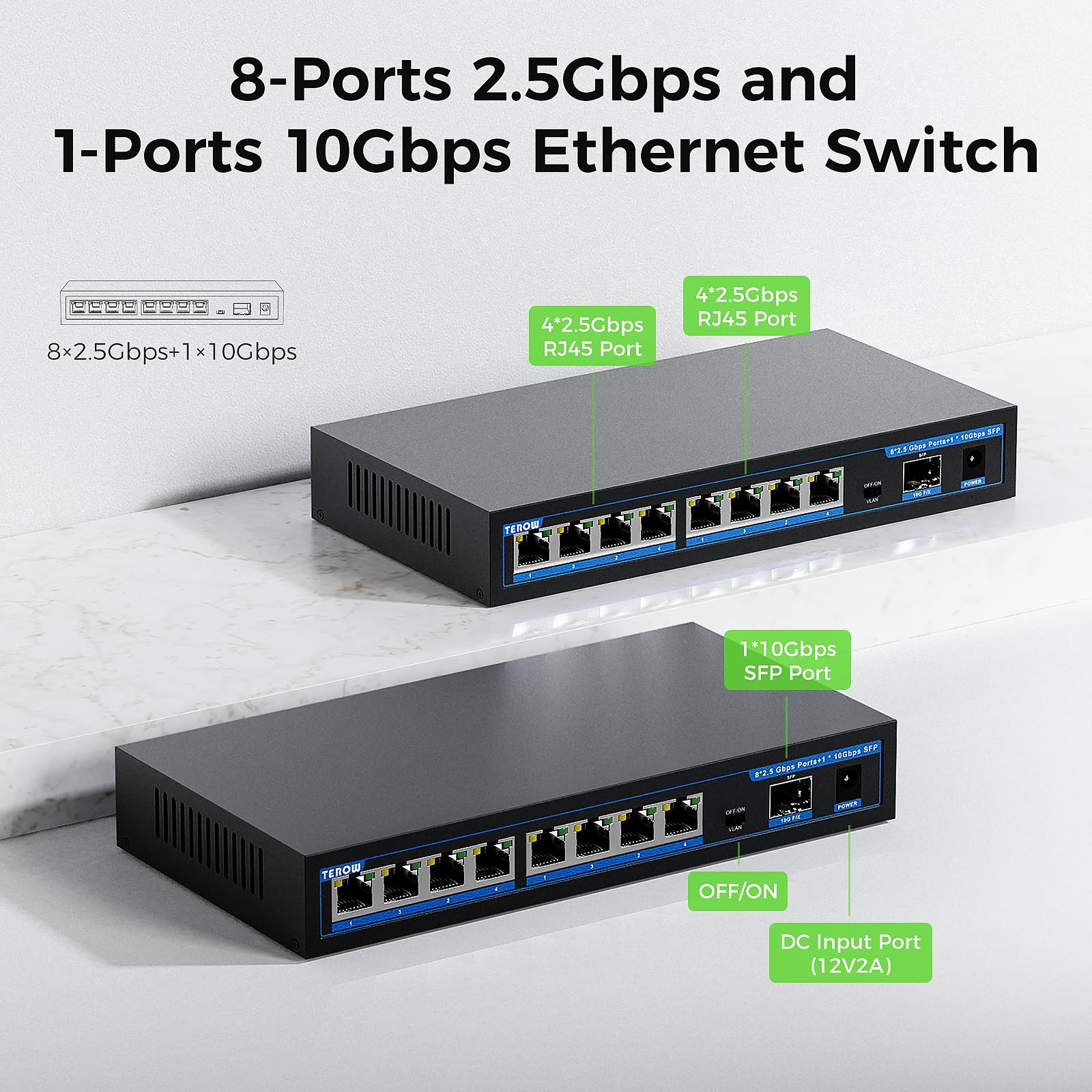Terow 9 Port 2.5G Ethernet Switch Unmanaged, 8 X 2.5G Base T & 1 X 10G Sfp, Multi Speed Network Switch, Compatible With Gigabit