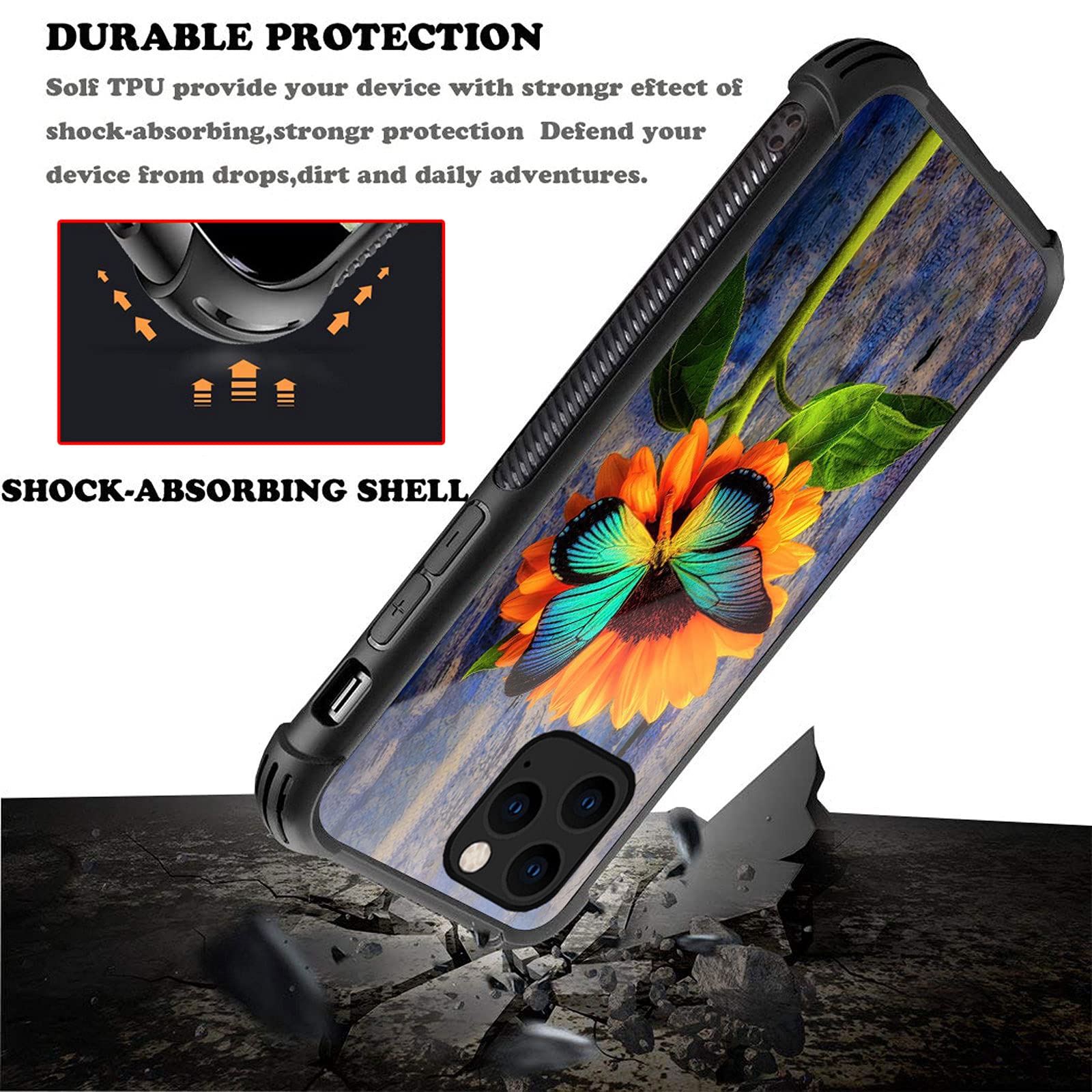 CARLOCA iPhone 13 Mini Case Sunflower Butterfly Graphic Shockproof Anti-Scratch Drop Protection Polycarbonate