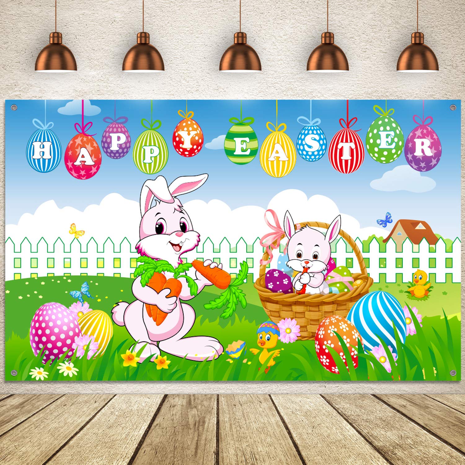 Happy Easter Party Backdrop Banner, Spring Easter Rabbit Colorful Eggs and Chick Sign Green Grass Yard Photo Background Bunny Ph