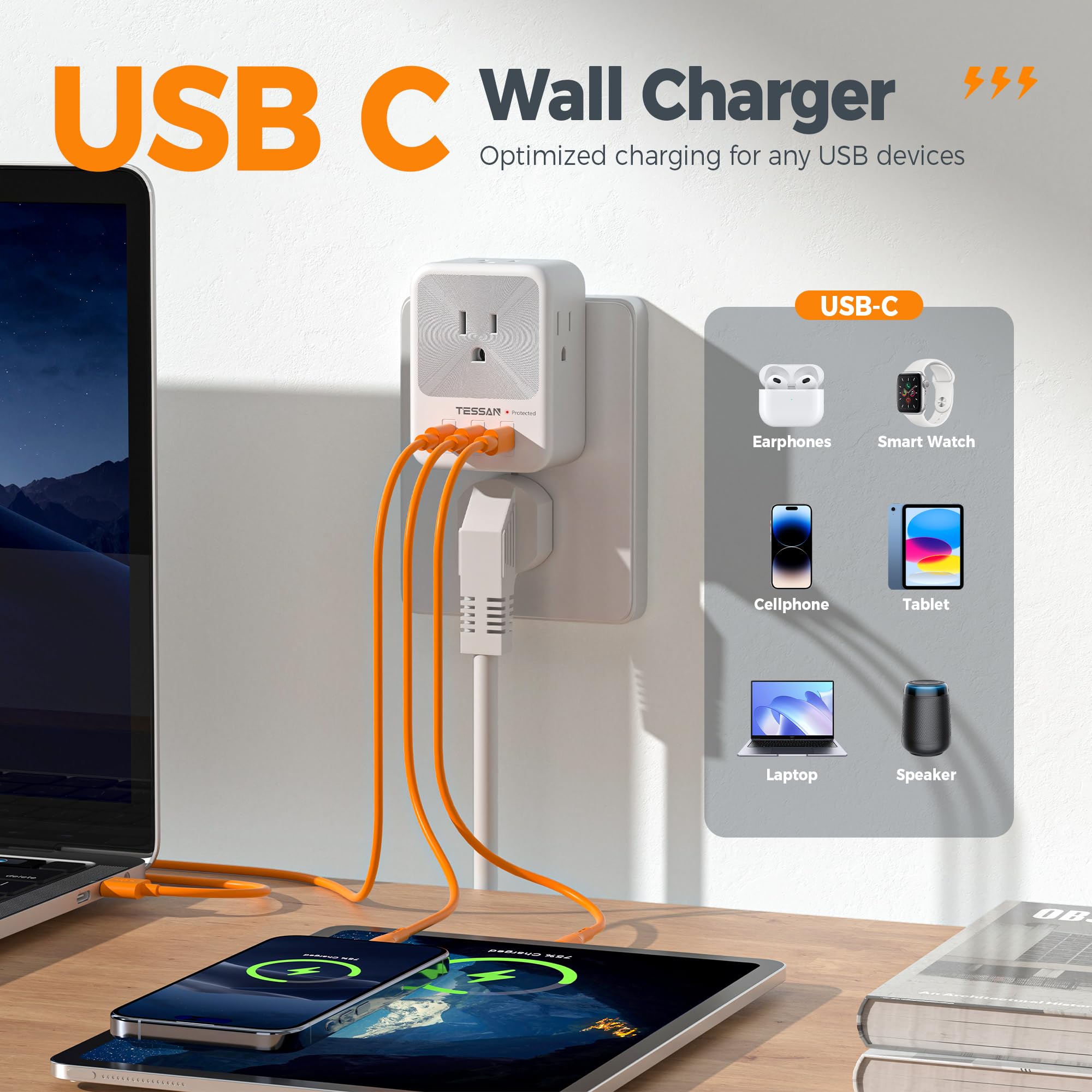 Usb Multi Plug Outlet Splitter, Tessan Surge Protector 4 Outlet Extender With 3 Usb C Wall Charger Blocks, 3 Sided Multiple Plug