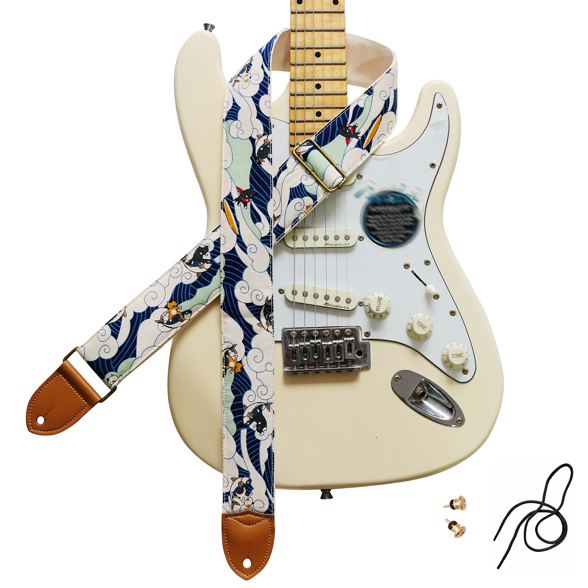 MUSIC FIRST Original Design, 2 inch width (5cm), Vintage Ukiyoe Style Surfing Cat Electric Guitar Strap Bass Strap (Surfing Cat)