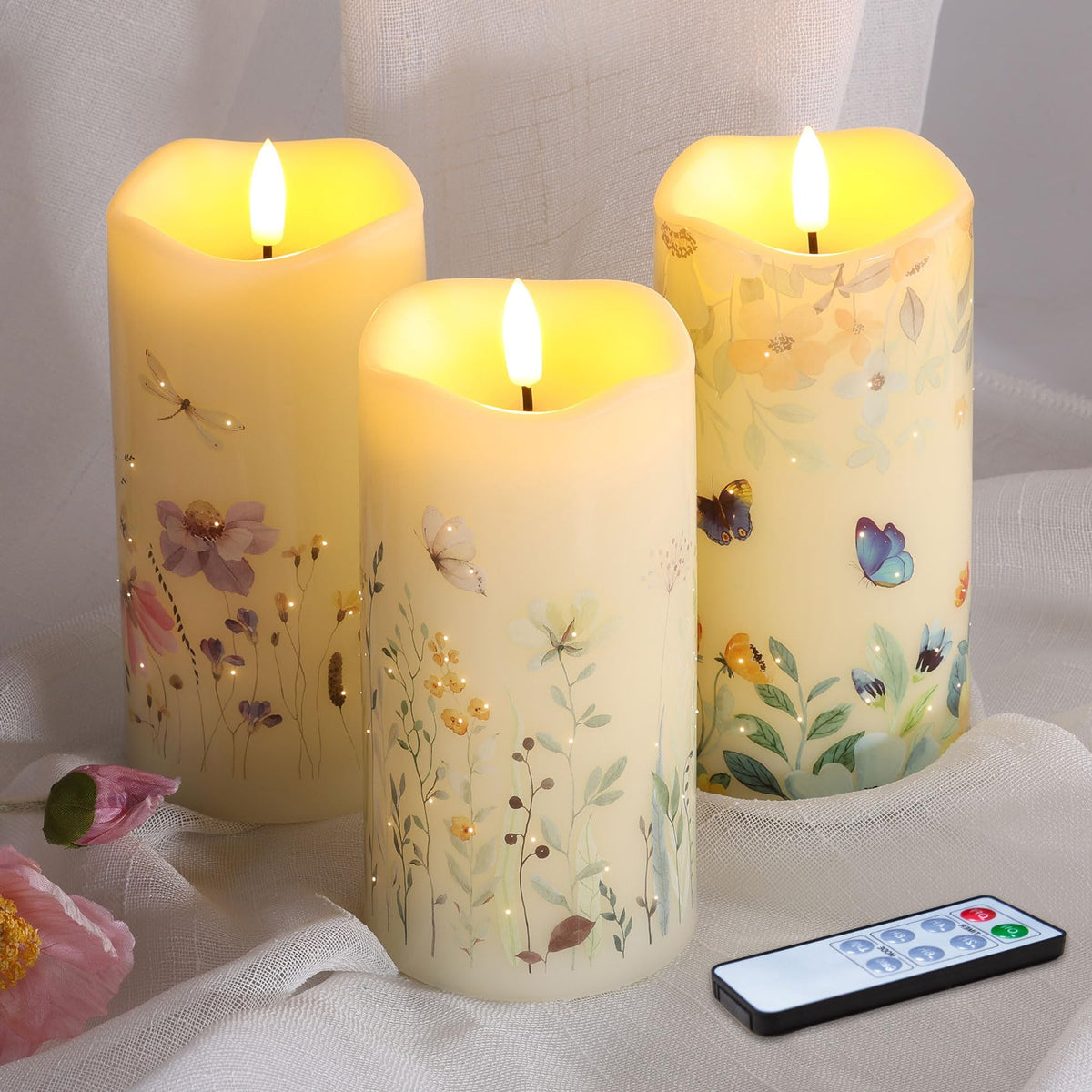 Eywamage Fiber Optic Candles Set Of 3, Butterfly Floral Flameless Pillar Candles With Remote, Flickering Battery Candles F 3'' H