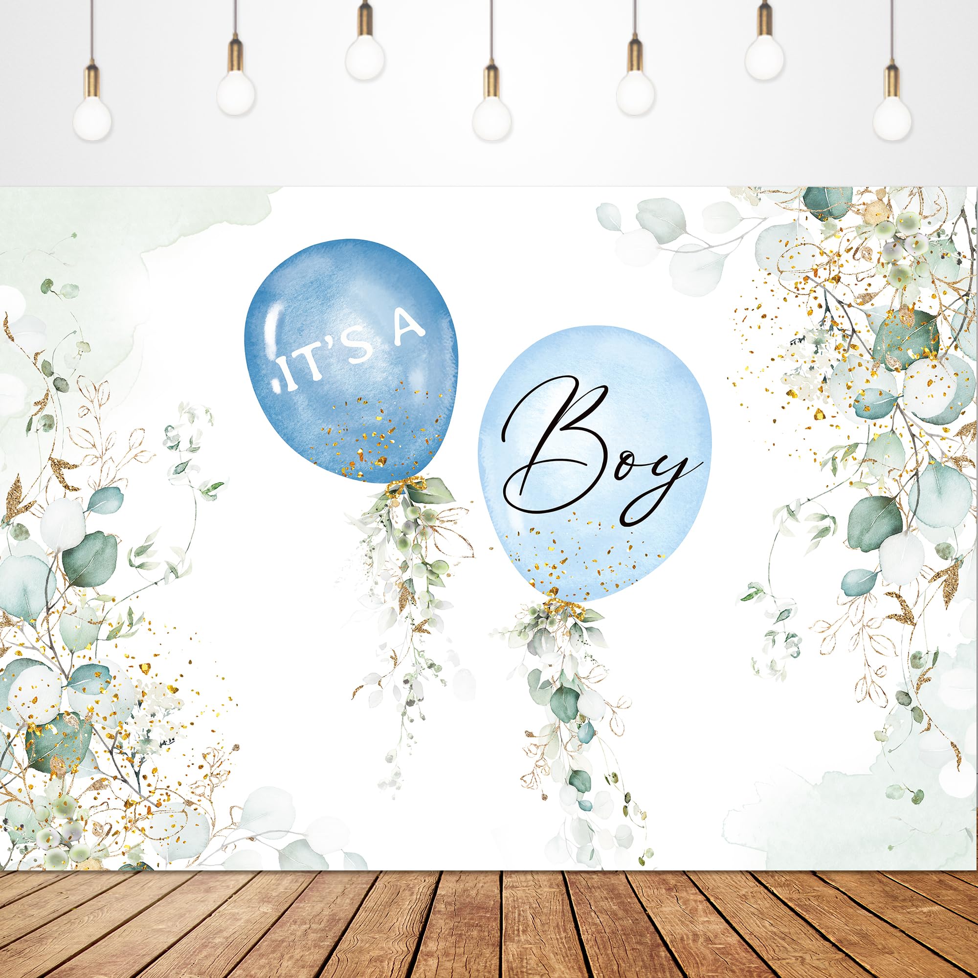 Glawry It'S A Boy Baby Shower Backdrop For Photography 7Wx5H Feet Cute Blue Cartoon Balloons Watercolor Green Gold Eucalyptus Le