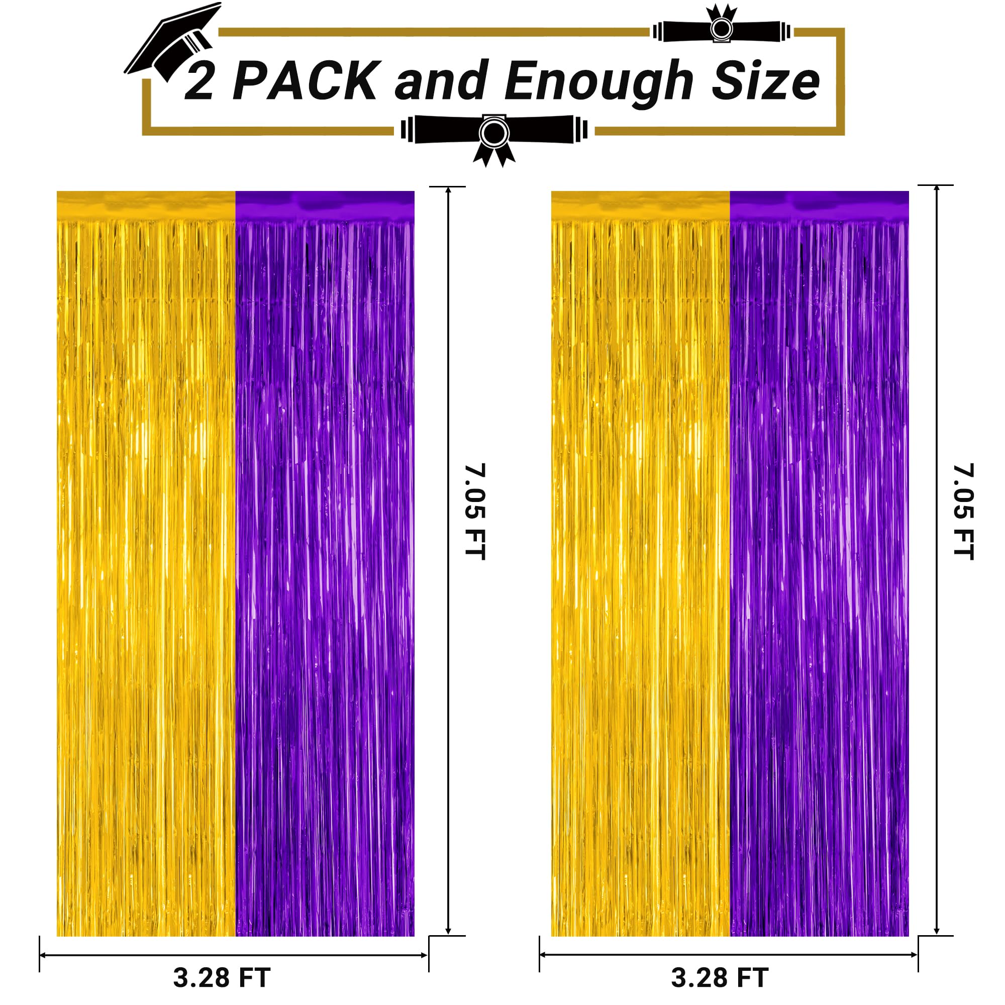 2 Pack Graduation Backdrop, 3.28 Ft X 7.05 Ft Grad Party Decorations 2025, Purple Gold Backdrop Foil Fringe Curtains, Metallic P
