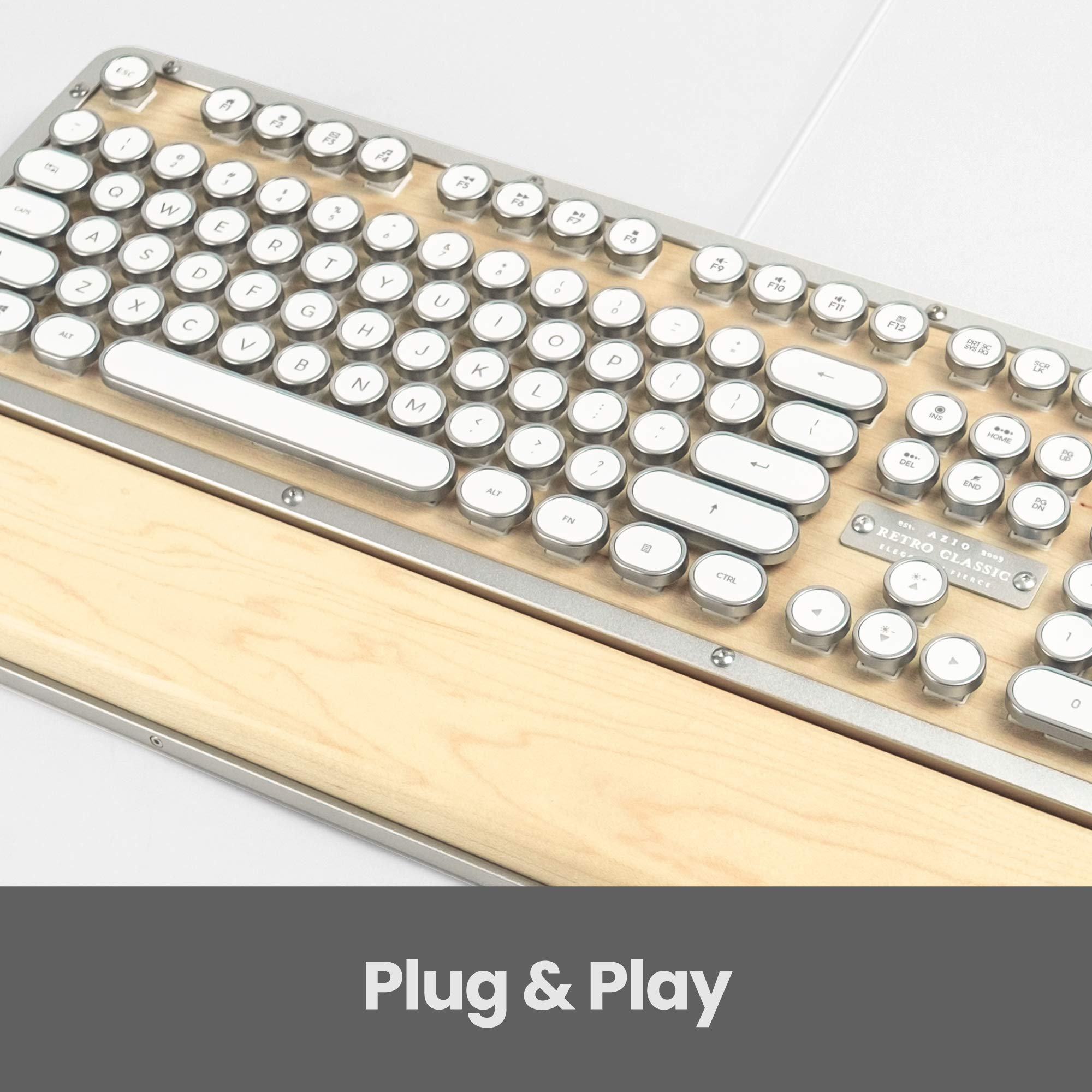 Azio Retro Classic Mechanical Keyboard - Wired Backlit, Maple Wood, Model MK-RETRO-W-02-US, Vintage Design for PC