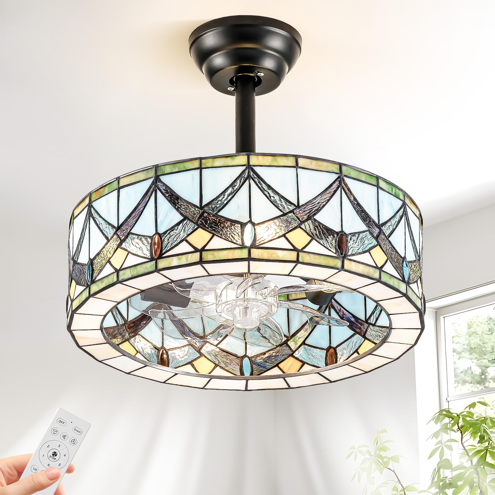 XYLLIFY Tiffany Style Caged Ceiling Fan with Lights - Black Low Profile Flush Mount Chandelier with Remote, 6 Speeds, Handmade P