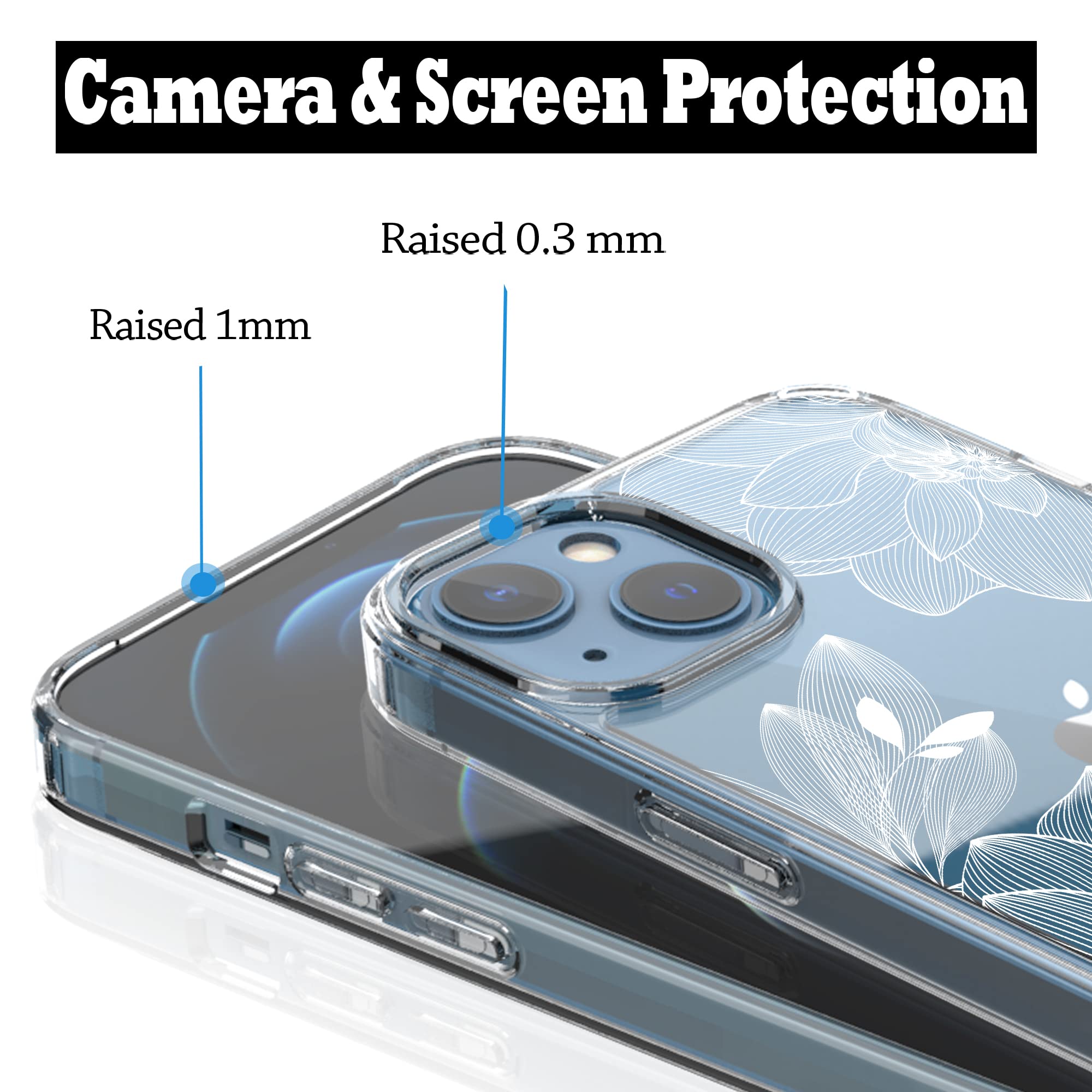 RANZ iPhone 13 Case Anti-Scratch Shockproof Clear Acrylic TPU Bumper White Lace Chrysanthemum (6.1")