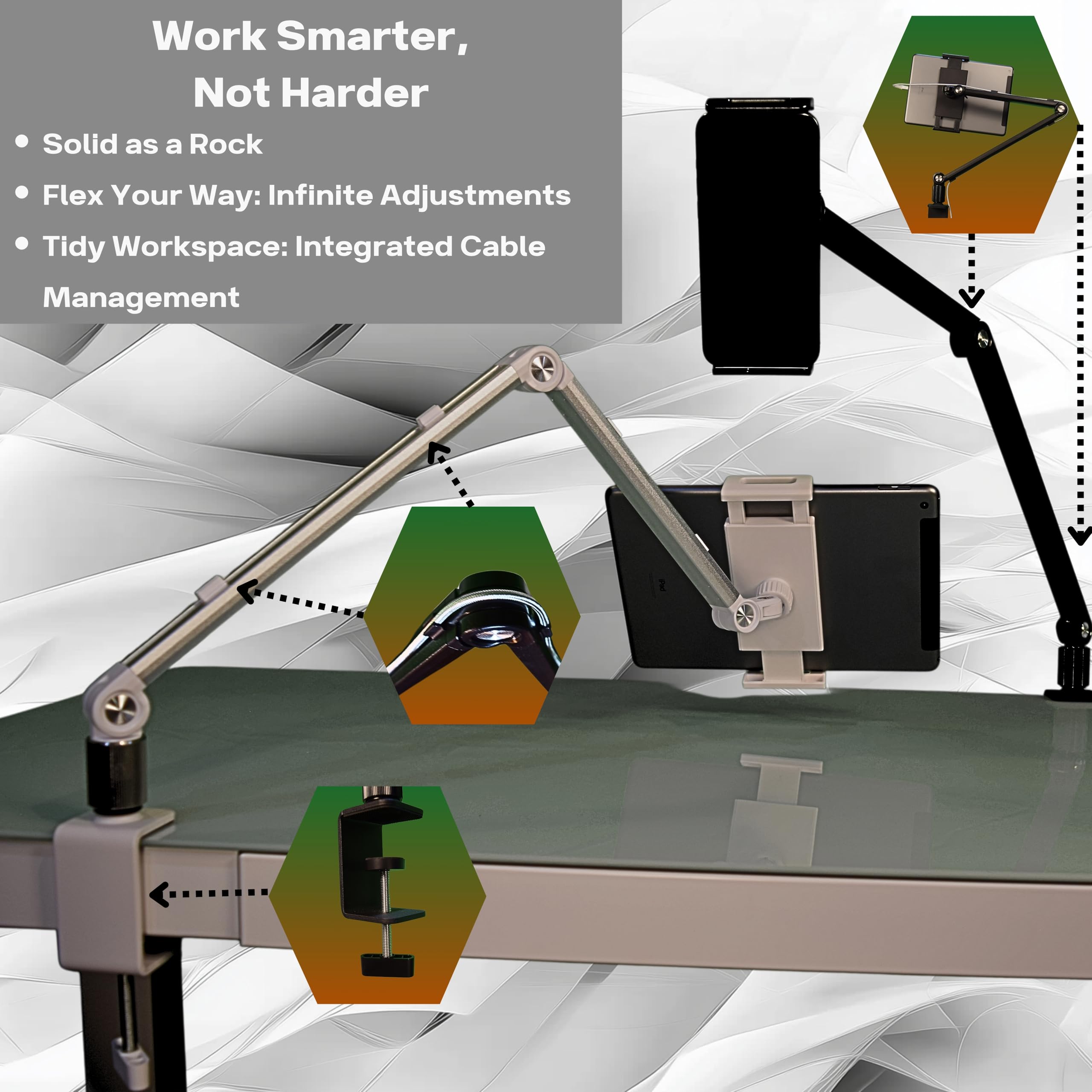 Fortihold Aluminum Phone And Tablet Stand - Adjustable 360 Rotation, Cable Management, Stable Base, White - 16'' Portable Monito
