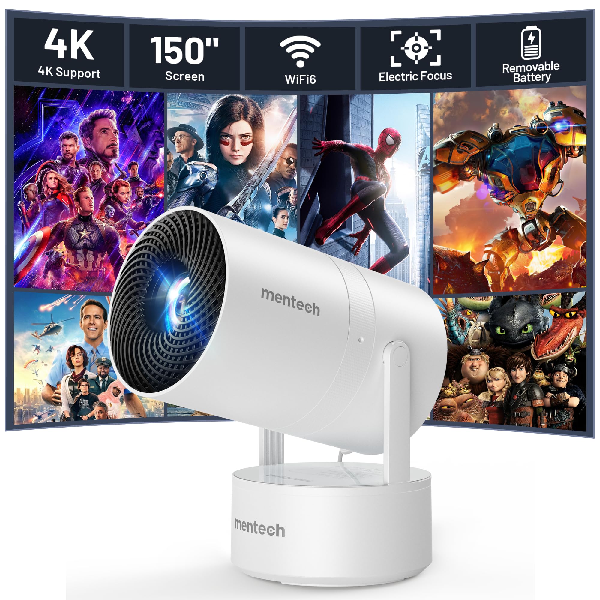 Mini Projector with WiFi & Bluetooth, Auto Keystone & Electric Focus, 270 Rotation Rechargeable Portable Outdoor Projector, Nati