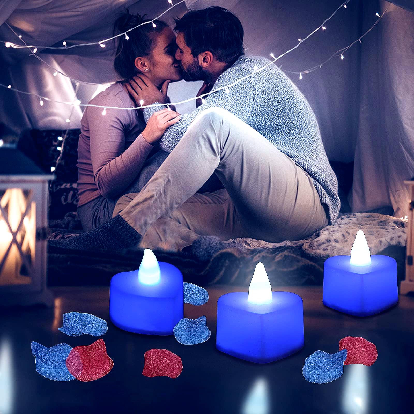 Pyrrhiax 2000Pcs Silk Rose Petals With 24 Led Tea Lights Candles, Romantic Night Decoration Set, Romantic Valentine, Wedding Ann