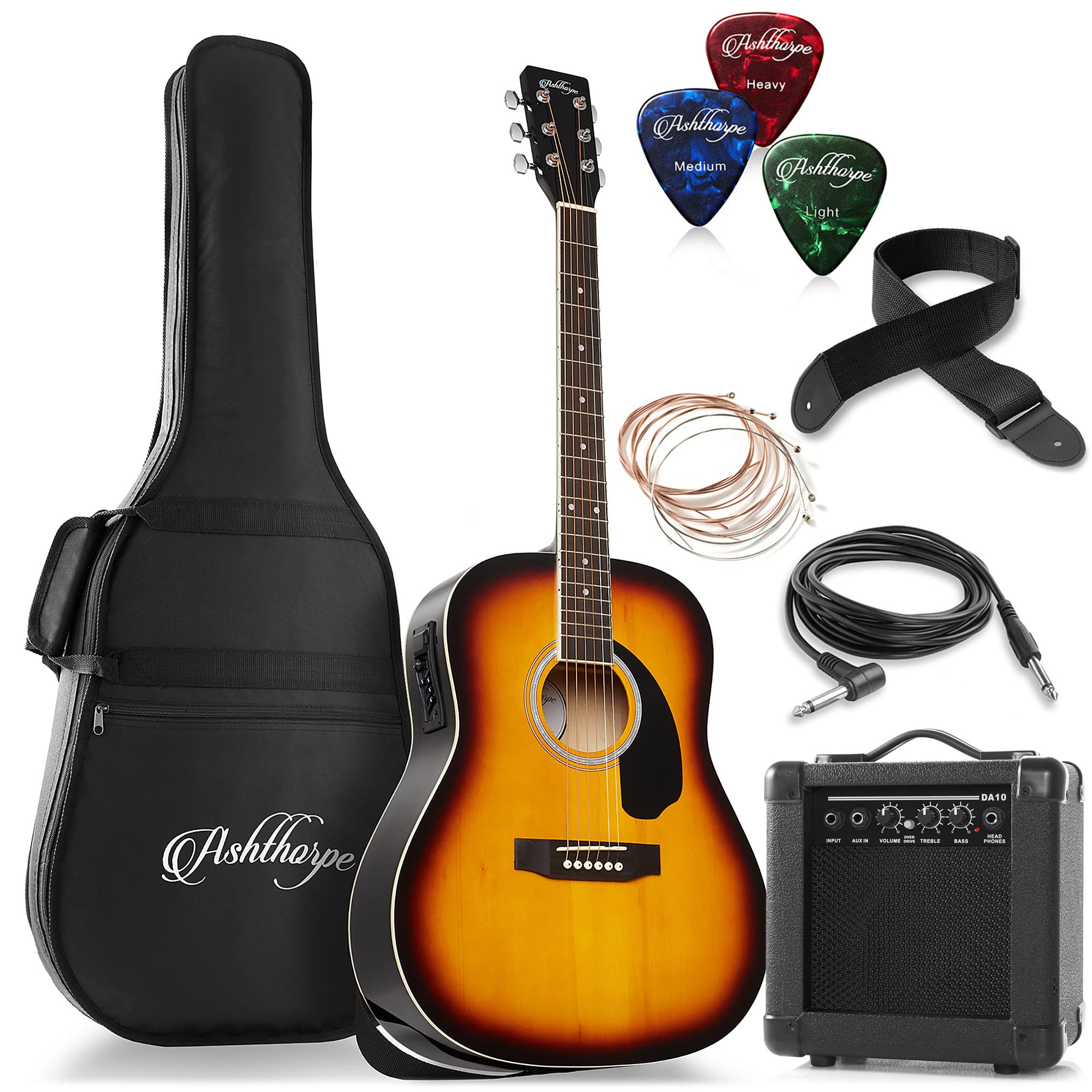 Ashthorpe Full-Size Dreadnought Acoustic Electric Guitar Package with 10 Watt Amp - Sunburst