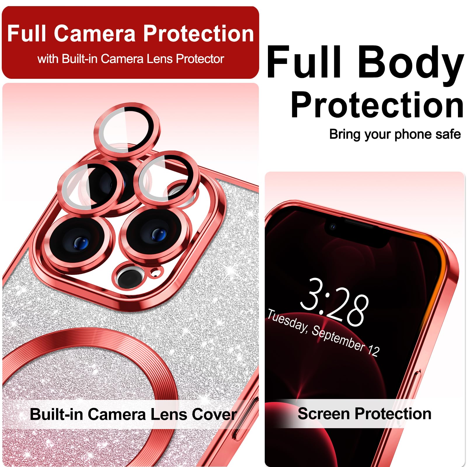 Hython For Iphone 12 Pro Case Clear Magnetic Glitter Phone Cases [Compatible With Magsafe] Full Camera Lens Protector Slim Gradi