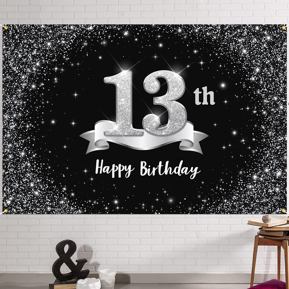 Hamigar 6X4Ft Happy 13Th Birthday Banner Backdrop   13 Years Old Birthday Decorations Party Supplies For Girls Boys   Black Silv