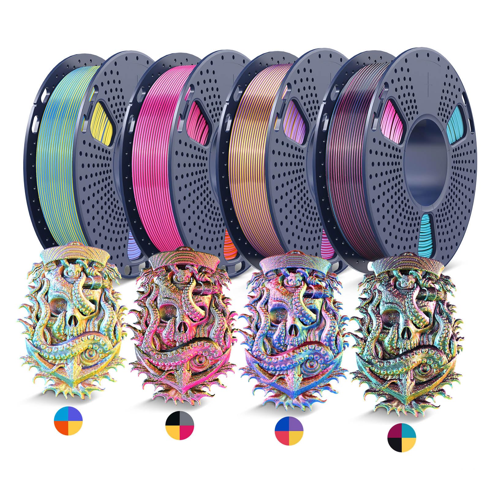 JAYO Silk PLA 3D Printer Filament Bundle, Shiny Quadruple Color Filament 1.75mm Pack, Multi Color Change Filament, 4 Spools 250g