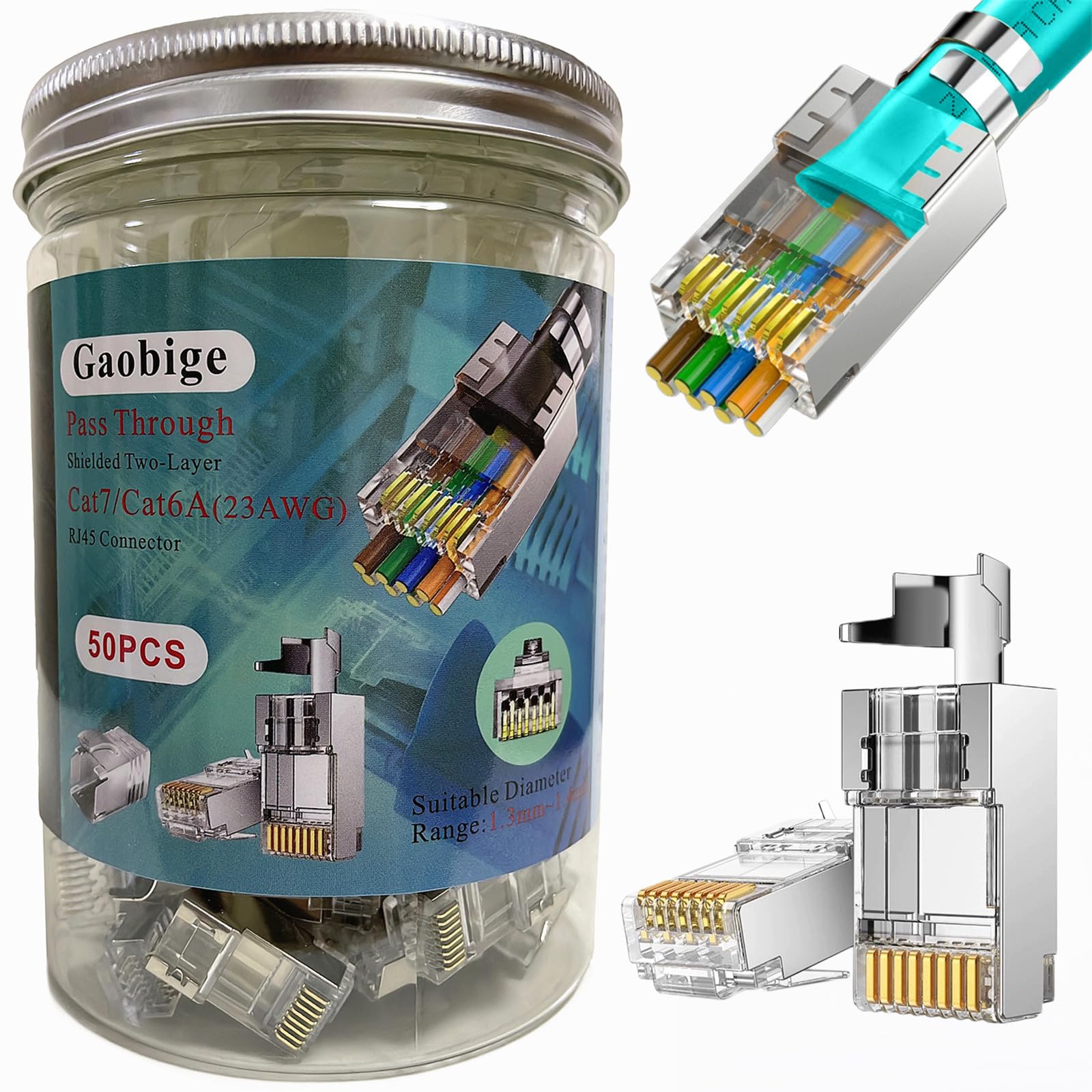 Gaobige 50 Pack Cat7 Cat6A Rj45 Pass Through Connectors Shielded (Cat7 Cat6A Ends/ Rj45 Modular Plugs) 50Pcs Strain Relief Boots