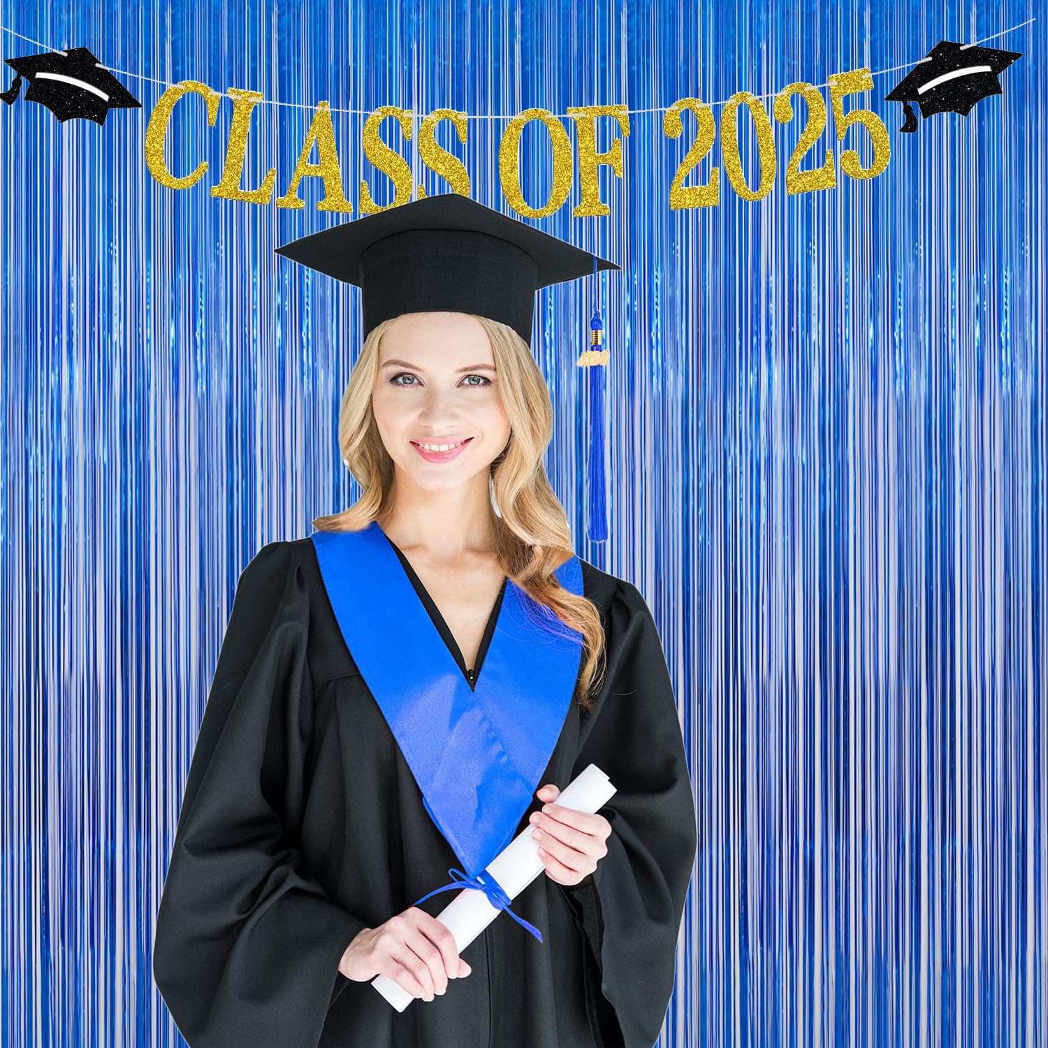 2 Pack Blue Door Streamers Party Decorations 3.3Ft X 6.6Ft,Blue Tinsel Foil Fringe Streamers Backdrop For Birthday,Graduation,Oc