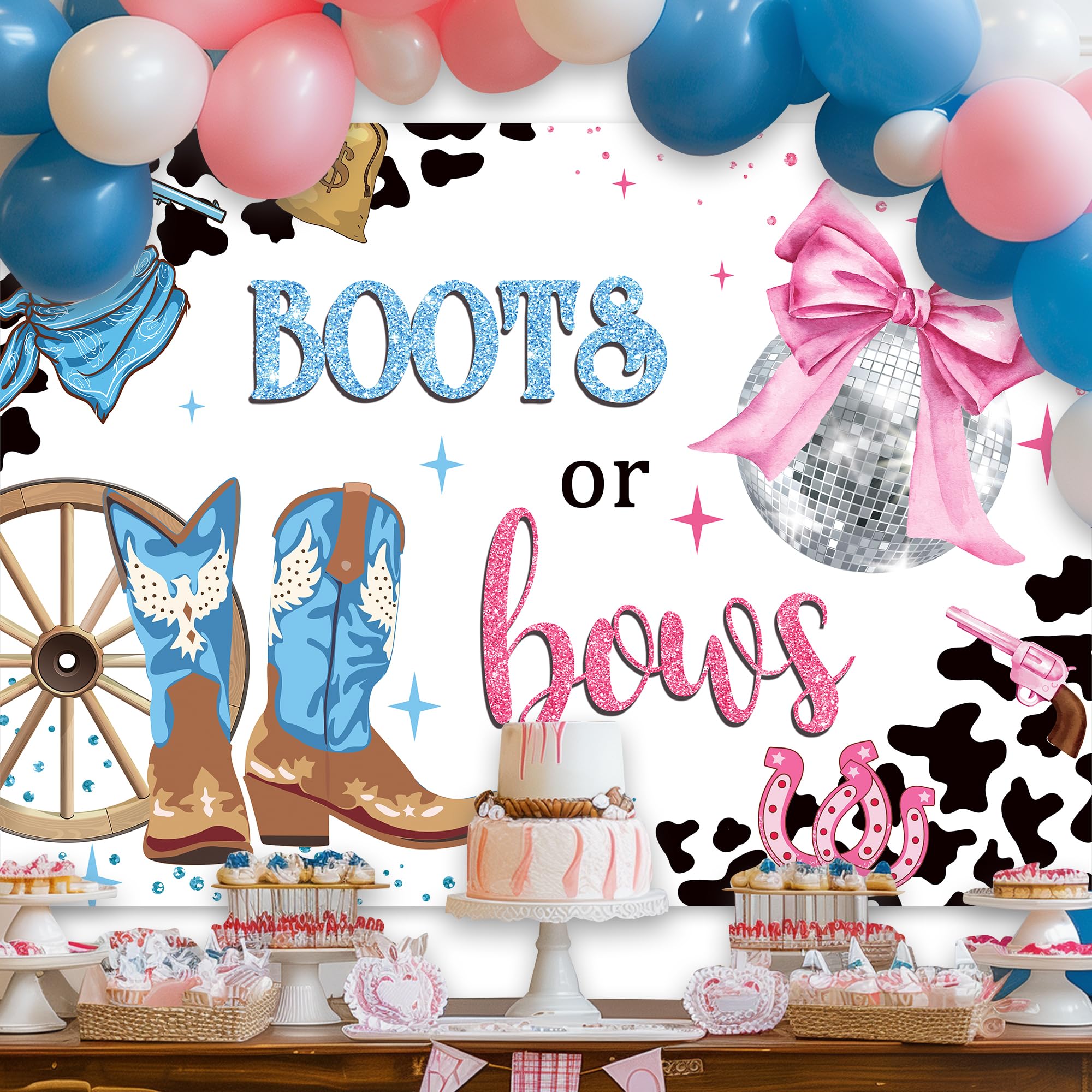 Ufeela Boots Or Bows Gender Reveal Backdrop Western Pink Blue Cowboy Cowgirl Cute Cow Print Boy Girl Disco 7Wx5H Feet Fabric Pol
