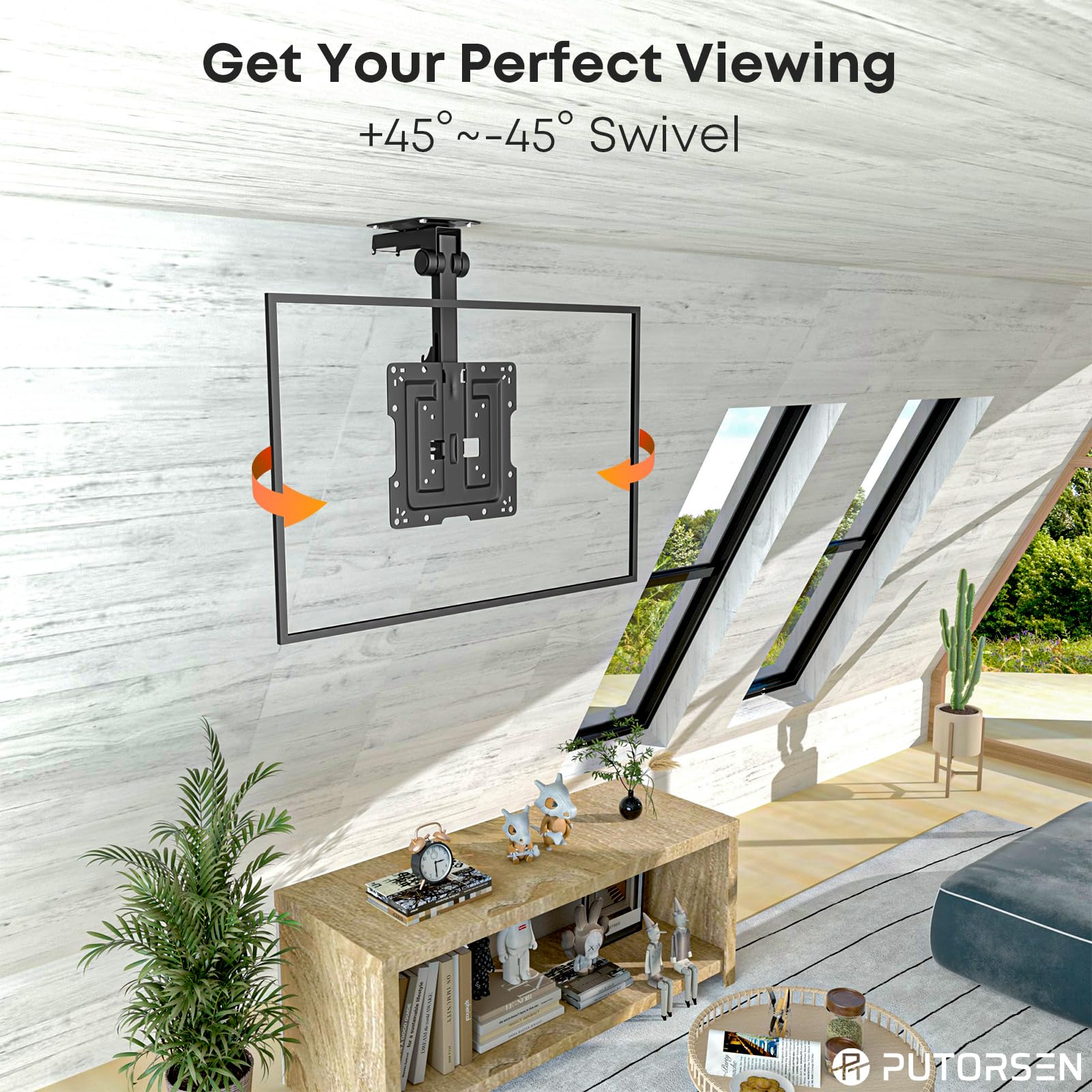 Flip Down Ceiling TV Mount for 19 50 inch   Manual Folding Height Adjustable Drop Down TV Mount for Flat and Pitched Roof, Swivel, Max Load 44 lbs, Max VESA 200x200 mm, Black