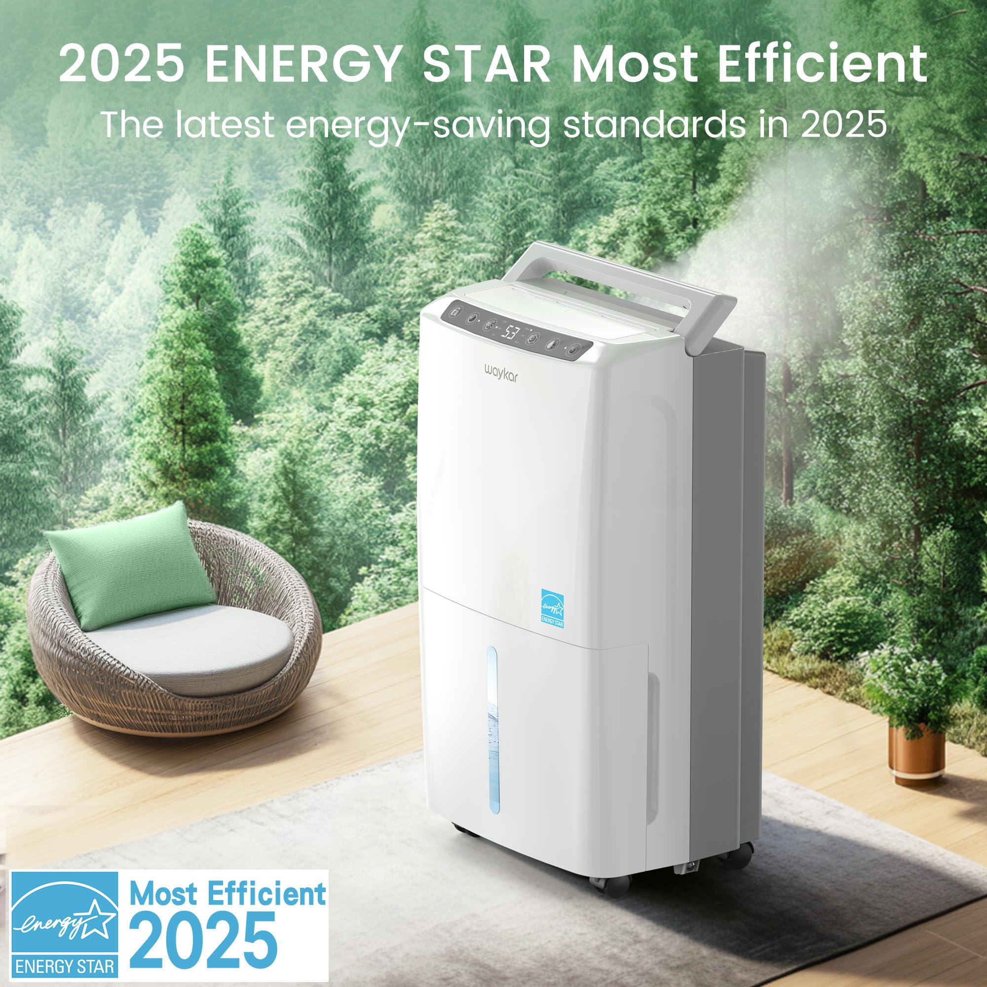 Waykar 2000 Sq. Ft Most Efficient Energy Star 2025 Dehumidifier For Home And Basement With Auto Or Manual Drainage, Quiet 33Db O