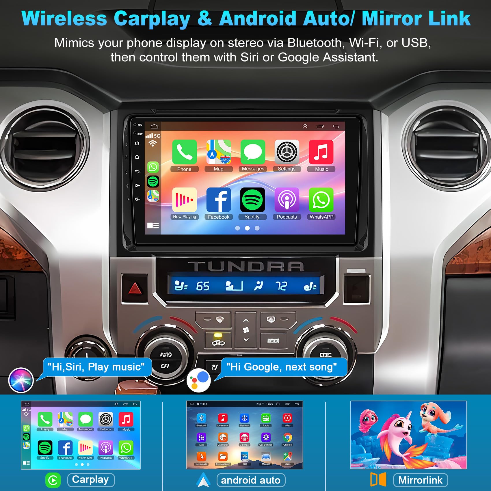Upgrade 4G+64Gb Car Radio For Toyota Tundra 2014-2019 With Wireless Carplay & Android Auto, Android 13 Tundra Stereo With Voice