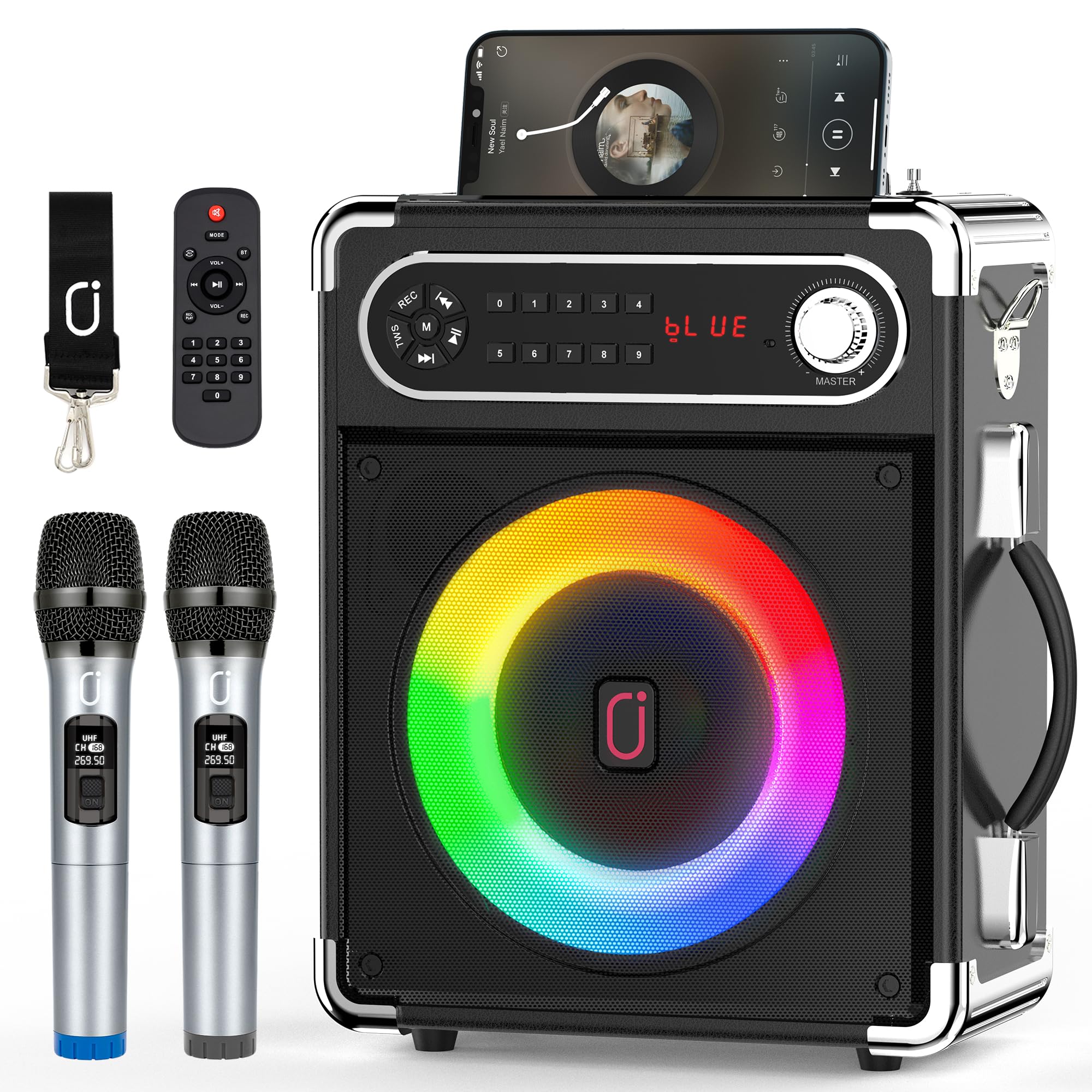 JYX Karaoke Machine with Two Wireless Microphones, Portable Bluetooth Speaker with Bass/Treble Adjustment, PA System with Remote