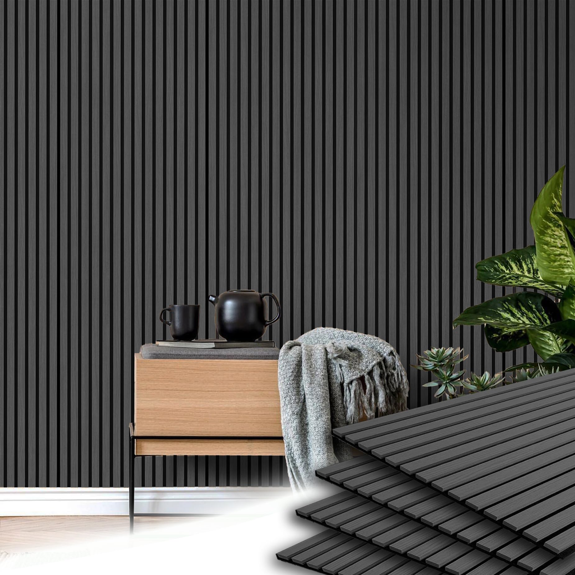 E Hao 4 Piece Wood Slat Acoustic Panels For Stylish Decor And Noise Reduction, 3D Textured Panel For Ceiling And Wall   Black Oa