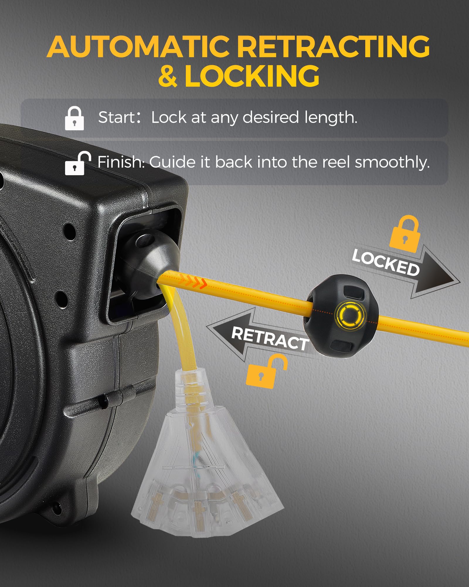 Wilawels Retractable Extension Cord Reel, 40 Ft Heavy Duty Power Cord, 12Awg/3C Sjtow, 3 Grounded Outlets Lighted Triple Tap, 15