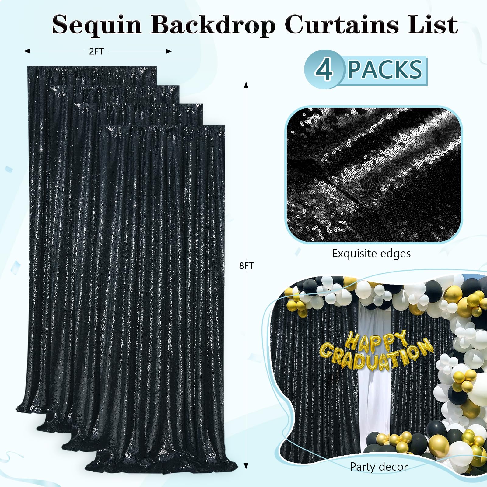 Black Sequin Backdrop 4 Panels 2Ftx8Ft Halloween Backdrop Curtains Party Backdrop Wedding Baby Shower Decoration