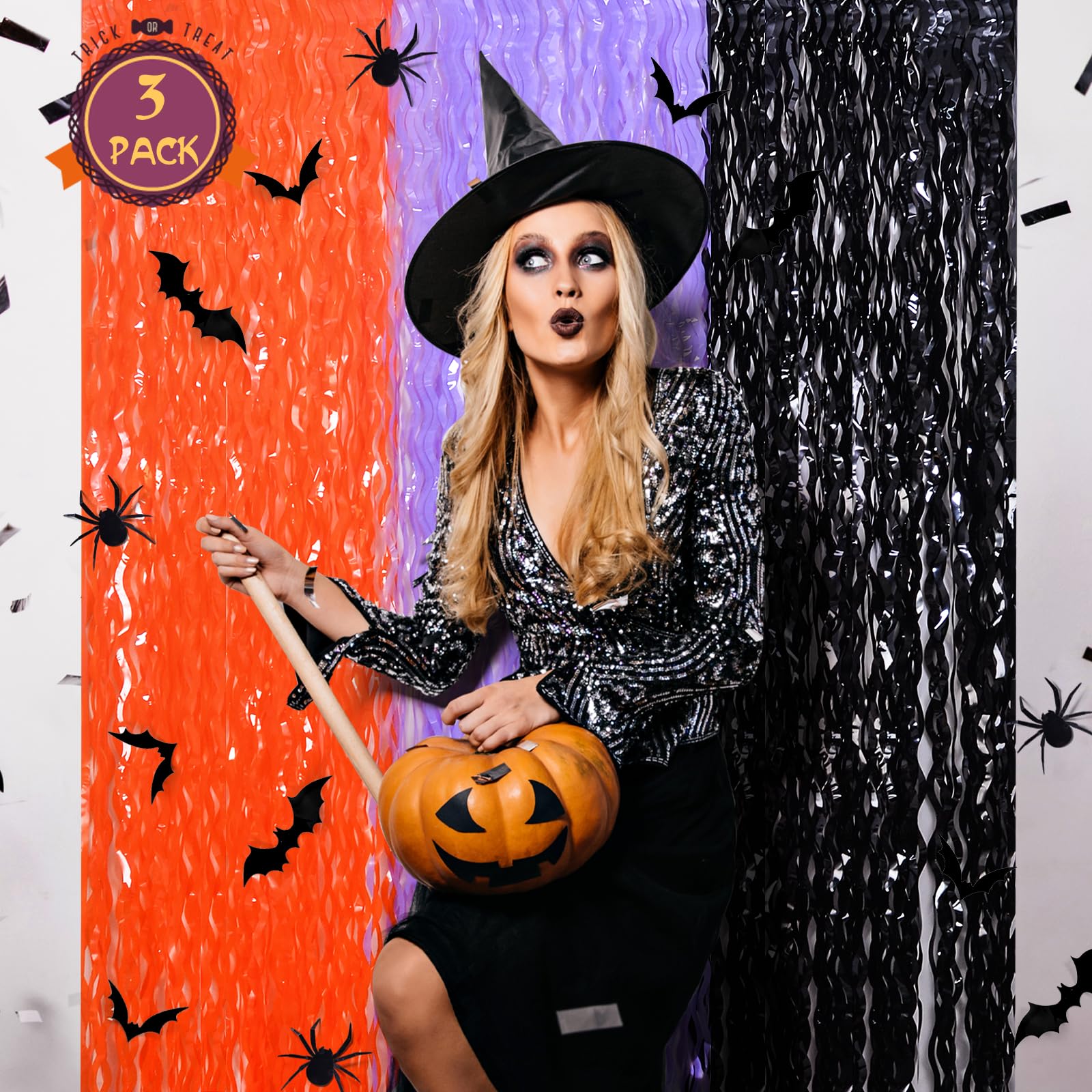 Mega L Halloween Foil Fringe Curtains, 3 Pack Orange Purple Black Photo Booth Props, 18 Pcs Pvc Bat & Spider Stickers Wall Decal
