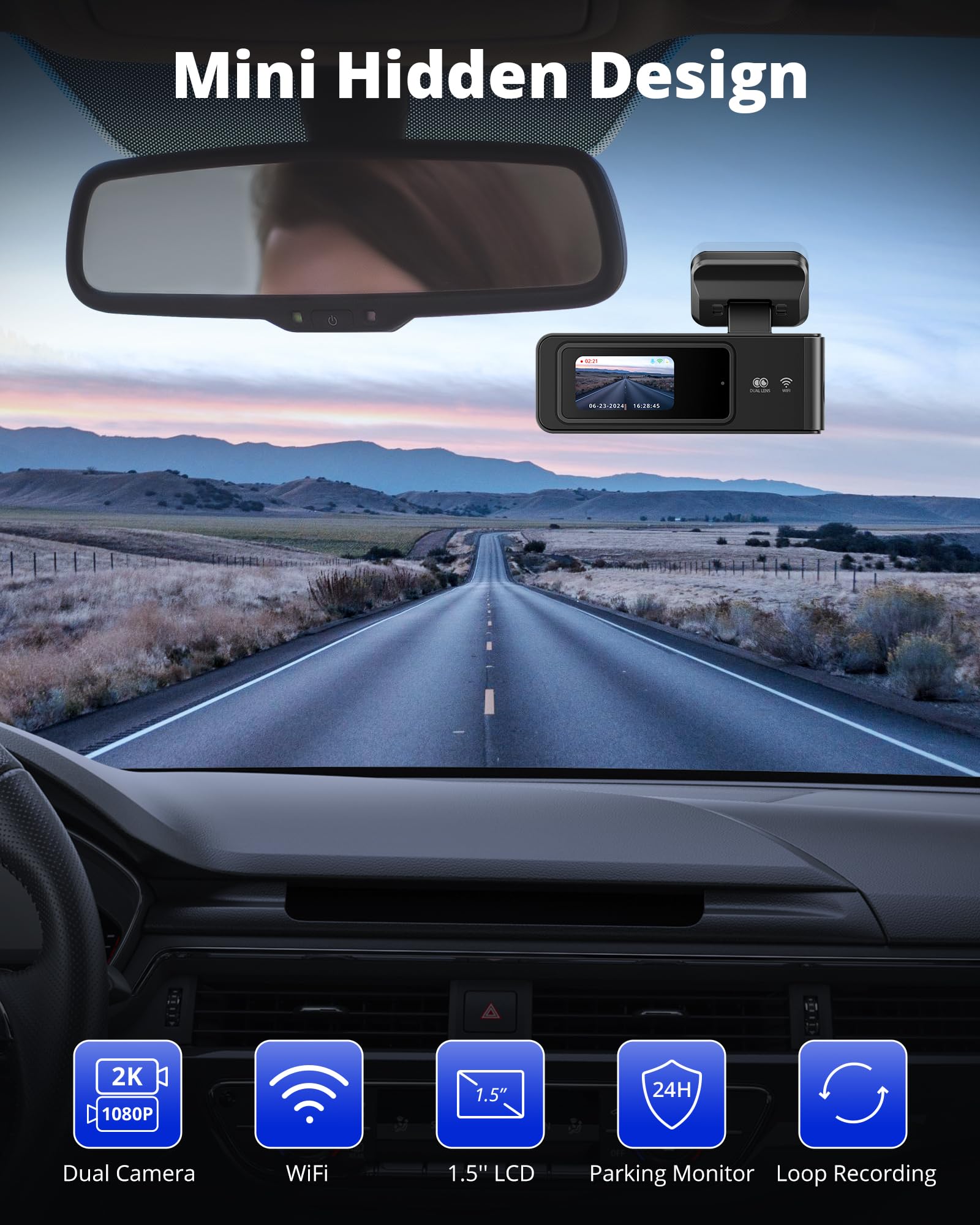 Kingslim Dash Cam Front And Rear 2K+1080P, Mini Wifi Dash Camera For Cars Dual Dashcam Parking Monitor, Loop Recording, Car Came