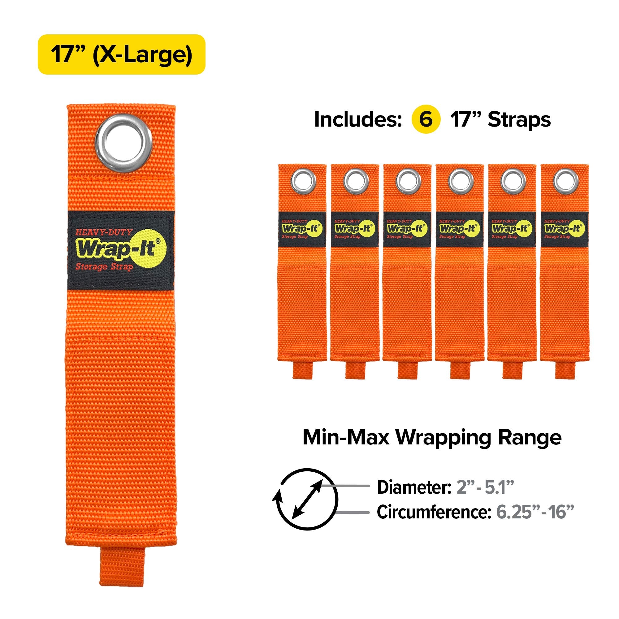 Wrap-It Storage Heavy-Duty Storage Straps 6-Pack Blaze Orange 17-inch for Garage Organization & Cord Hanger