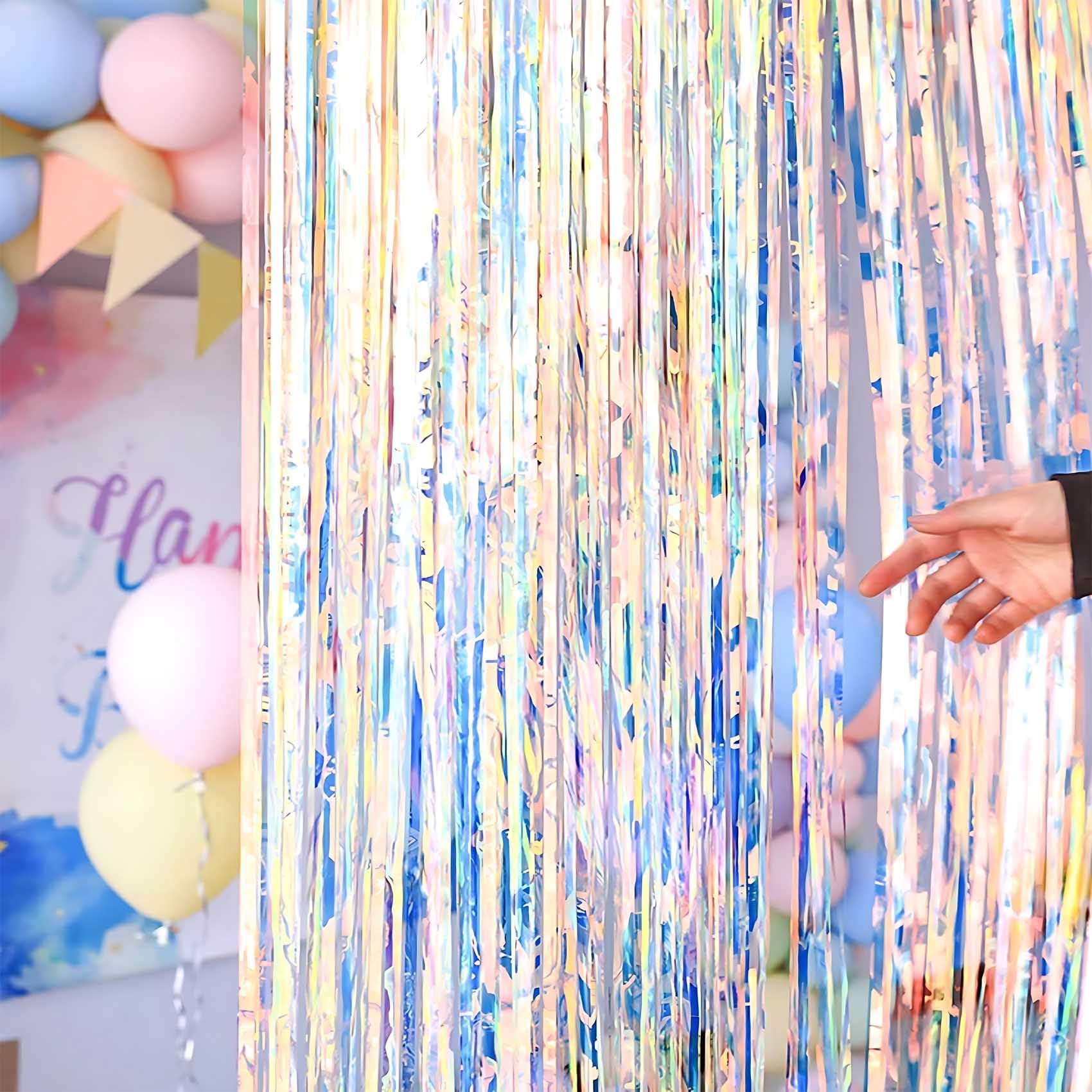 Brzikwt 2 Pcs Iridescent Transparent Foil Curtain Tinsel Backdrop Beautiful Neon Clear Streamers Backdrops Rainbow Photoshoot St