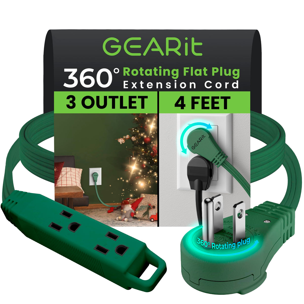 Gearit 360 Rotating Flat Plug Short Extension Cord With 3 Outlets (4Ft, Green) 16Awg/13A 3 Prong Wire, Outlet Saver For Home Off