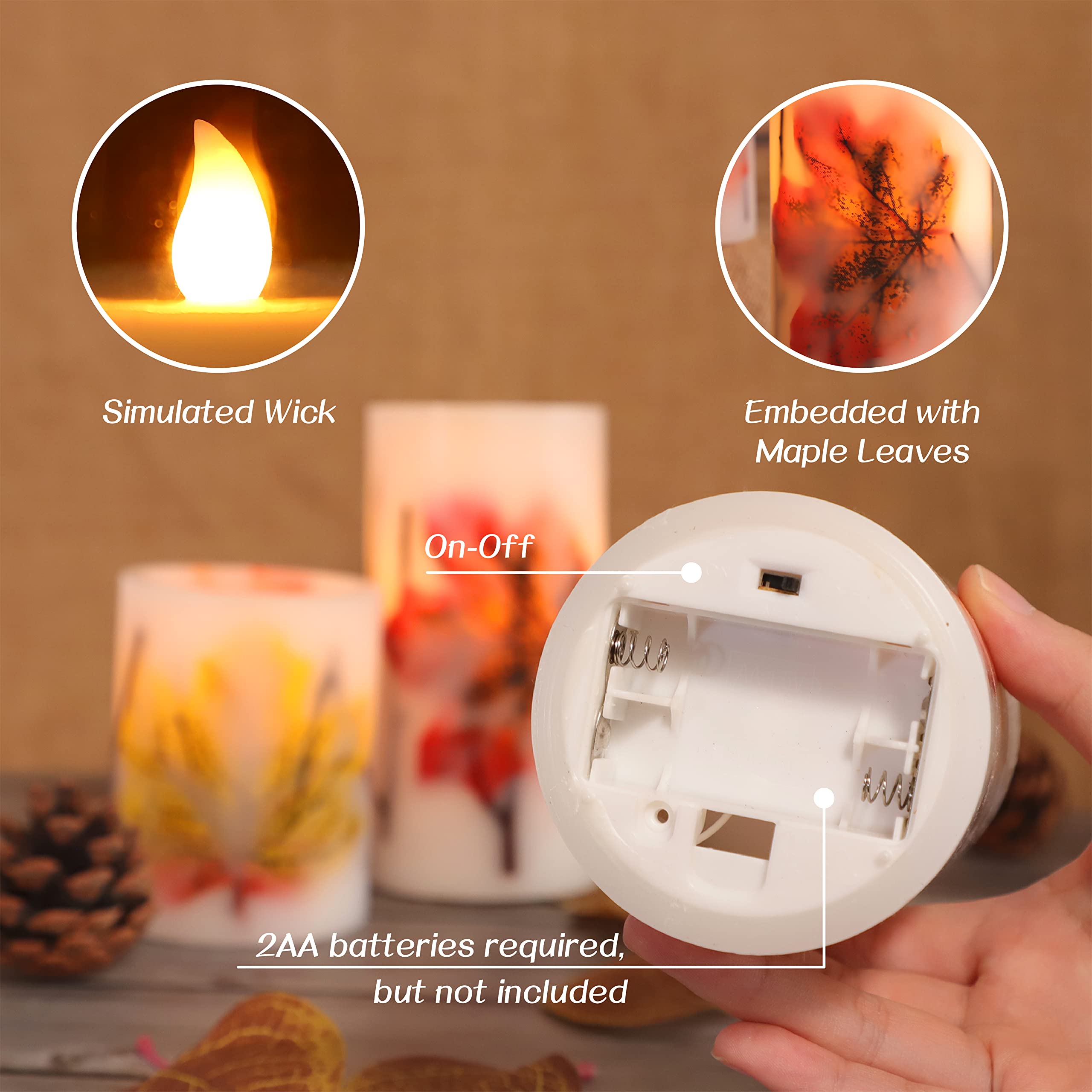 Crystal Club Fall Flameless Candles, Battery-Operated Fall Led Candles With Remote And Timer, Autumn Theme Pillar Candle Embedde