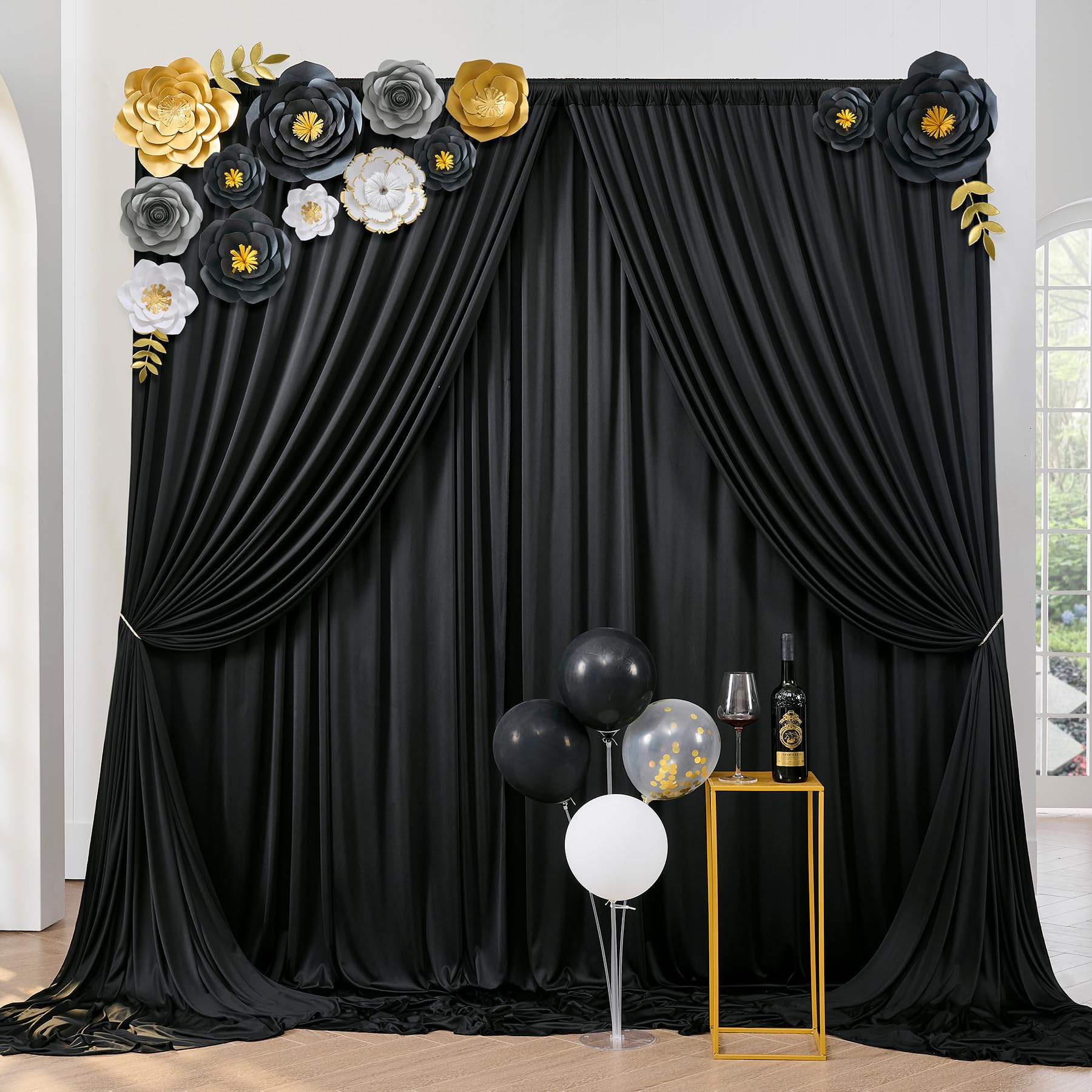 30Ft X 10Ft Wrinkle Free Black Backdrop Curtains For Parties, Thick Polyester Black Photo Backdrop Drapes Panels For Birthday We