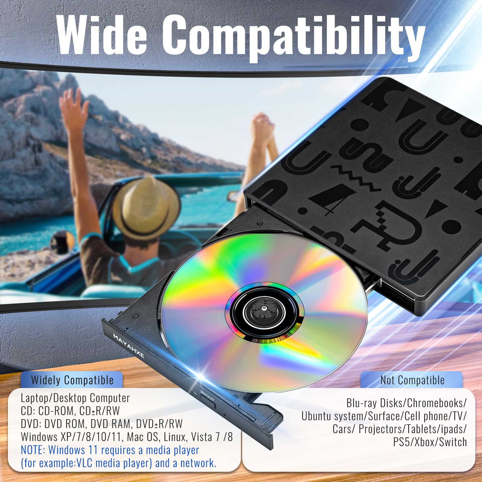 MAYAHXE External CD DVD Drive USB 3.0 Type C Portable Burner Player Reader Writer for Laptop PC BT520 Black