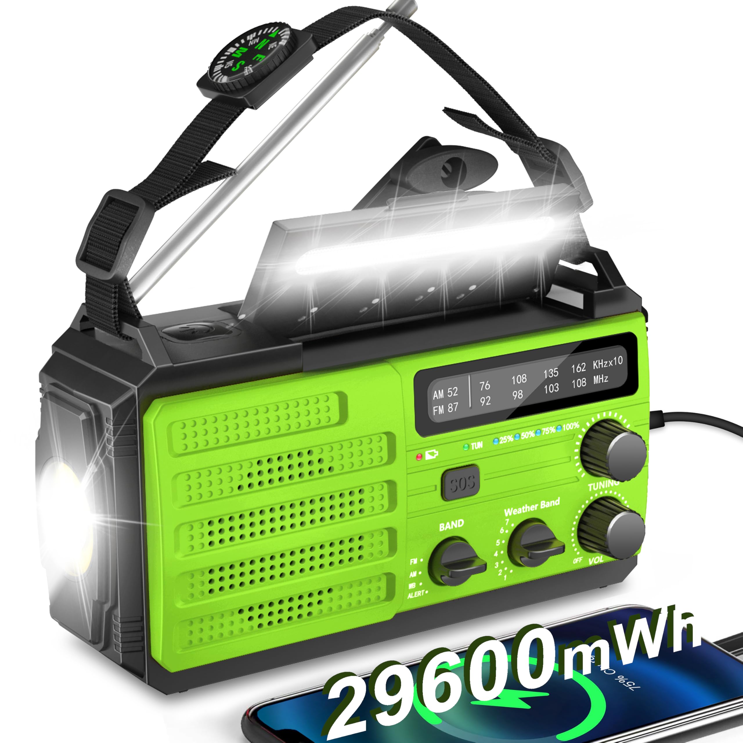 Emergency Weather Radio,29600Mwh Amfm Noaa Weather Alert Radio,Solar Hand Crank Powered Radio With Super Bright Flashlight,Phone